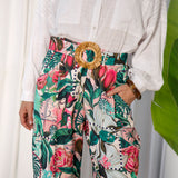 Donatella Pants are a Bohemian Pant featuring floral print and matching fabric belt