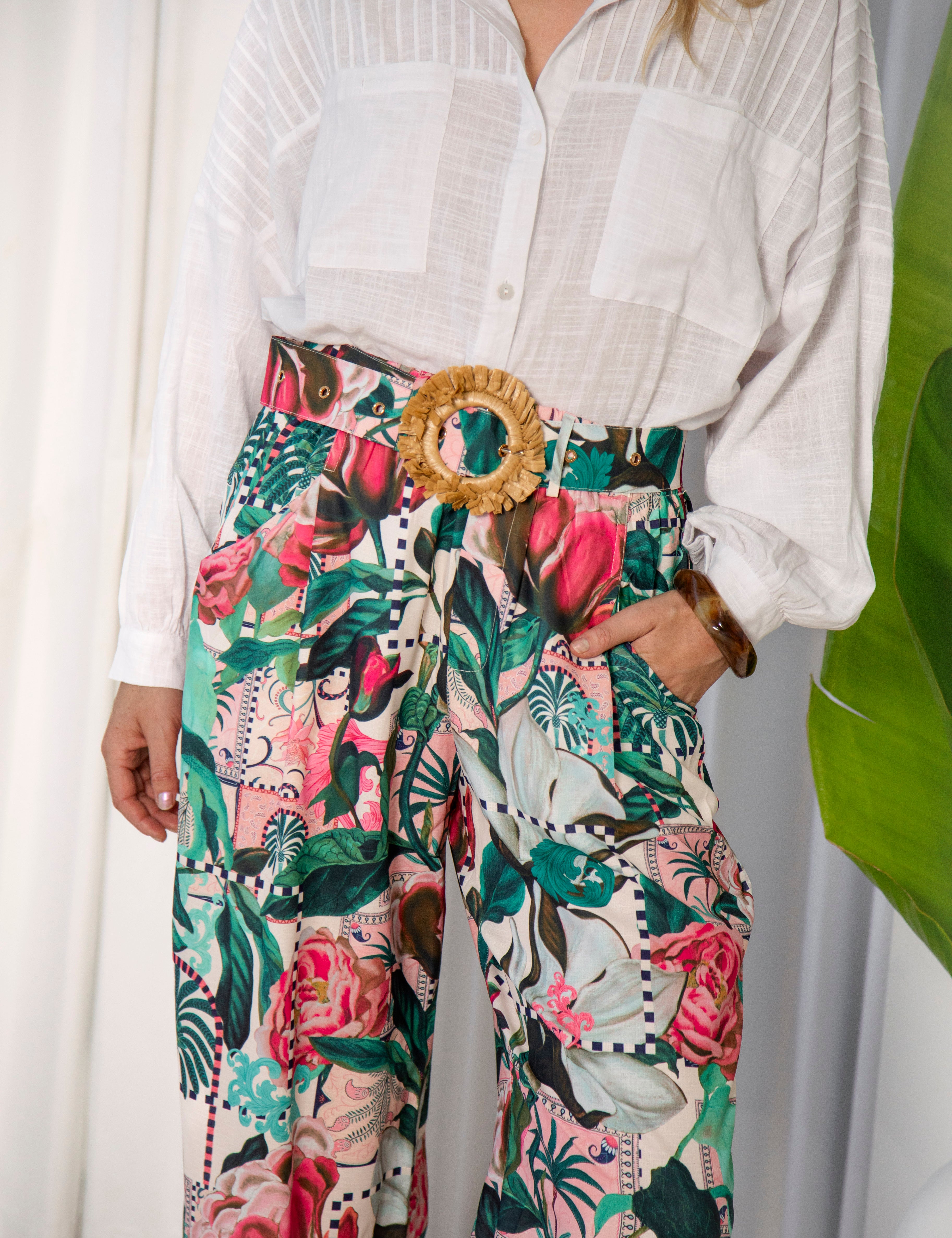Donatella Pants are a Bohemian Pant featuring floral print and matching fabric belt