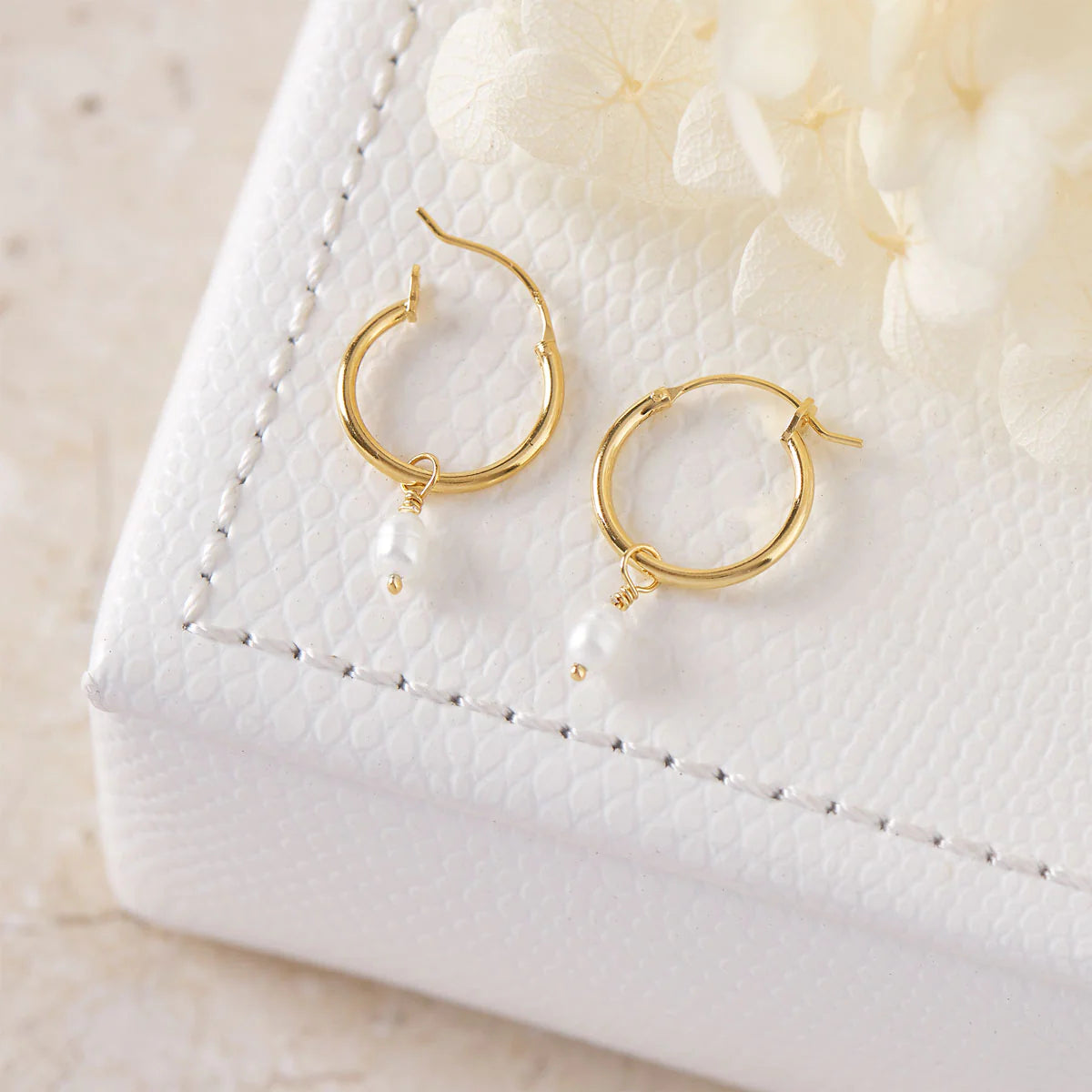 E920G Dainty Pearl Hoops Gold