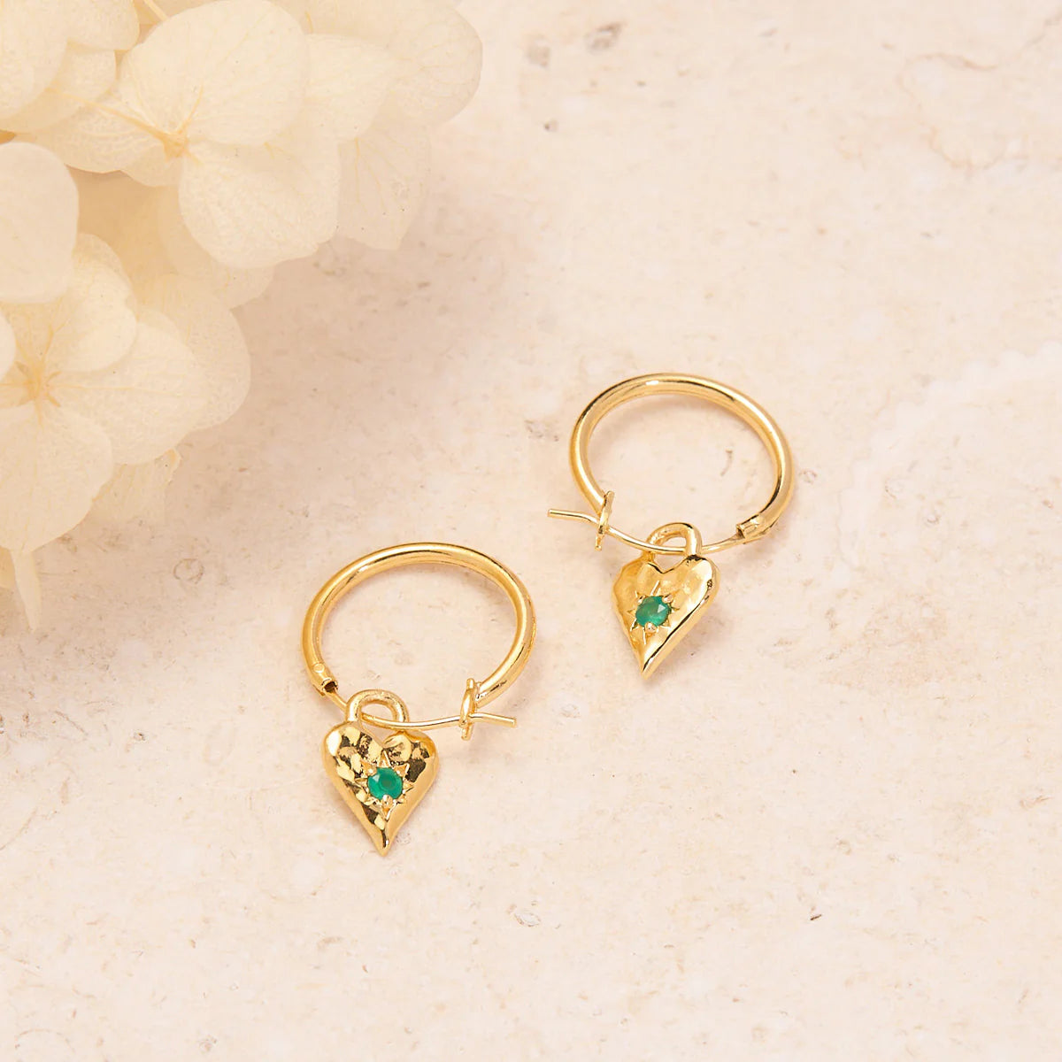 Love Heart Green Onyx Hoops - Gold