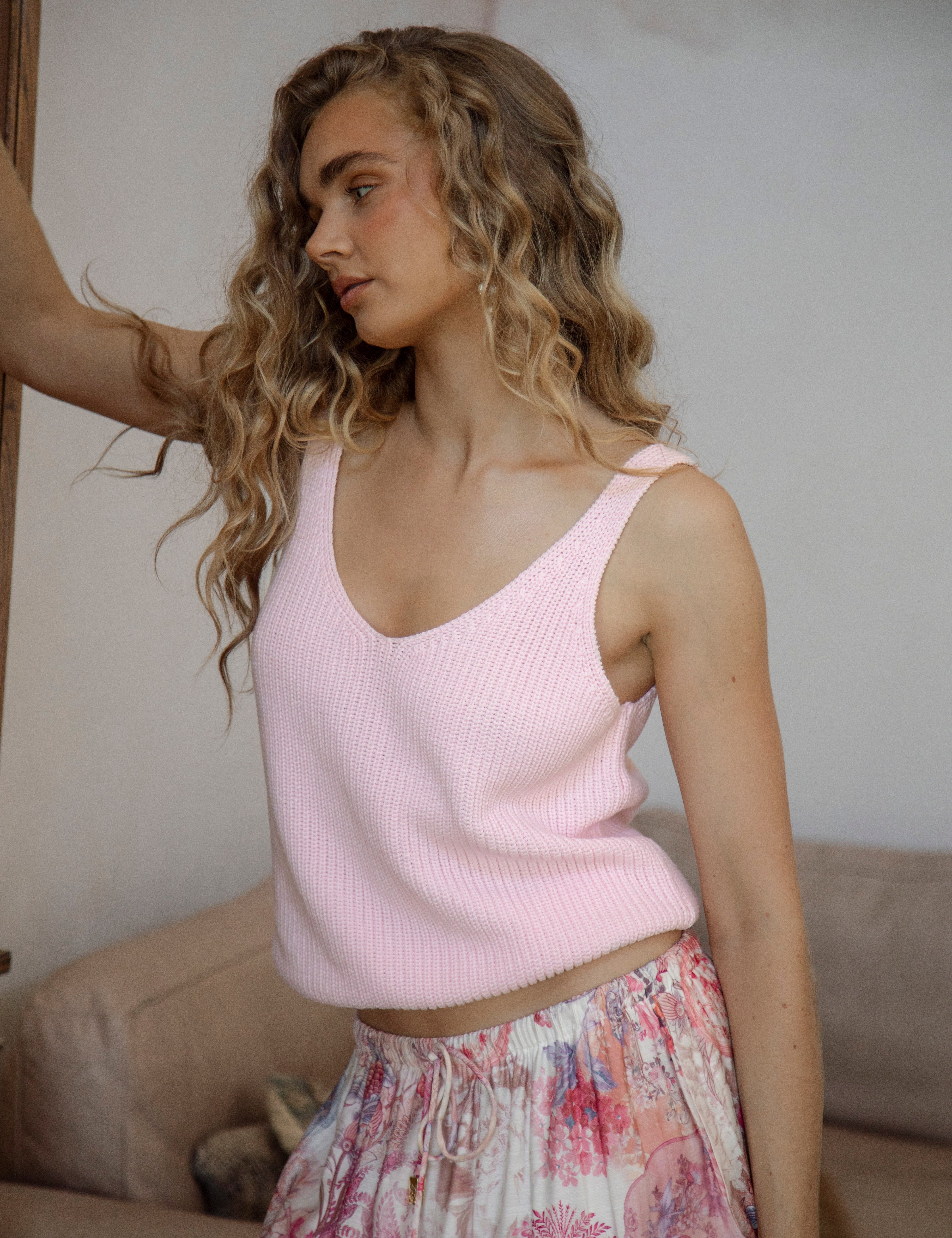 Electra Cami Baby Pink - sleeveless camisole in textured knit in pink colour