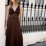 Elegance Slip Dress Espresso - maxi length dress with deep v-neckline, lace details and satin feel.