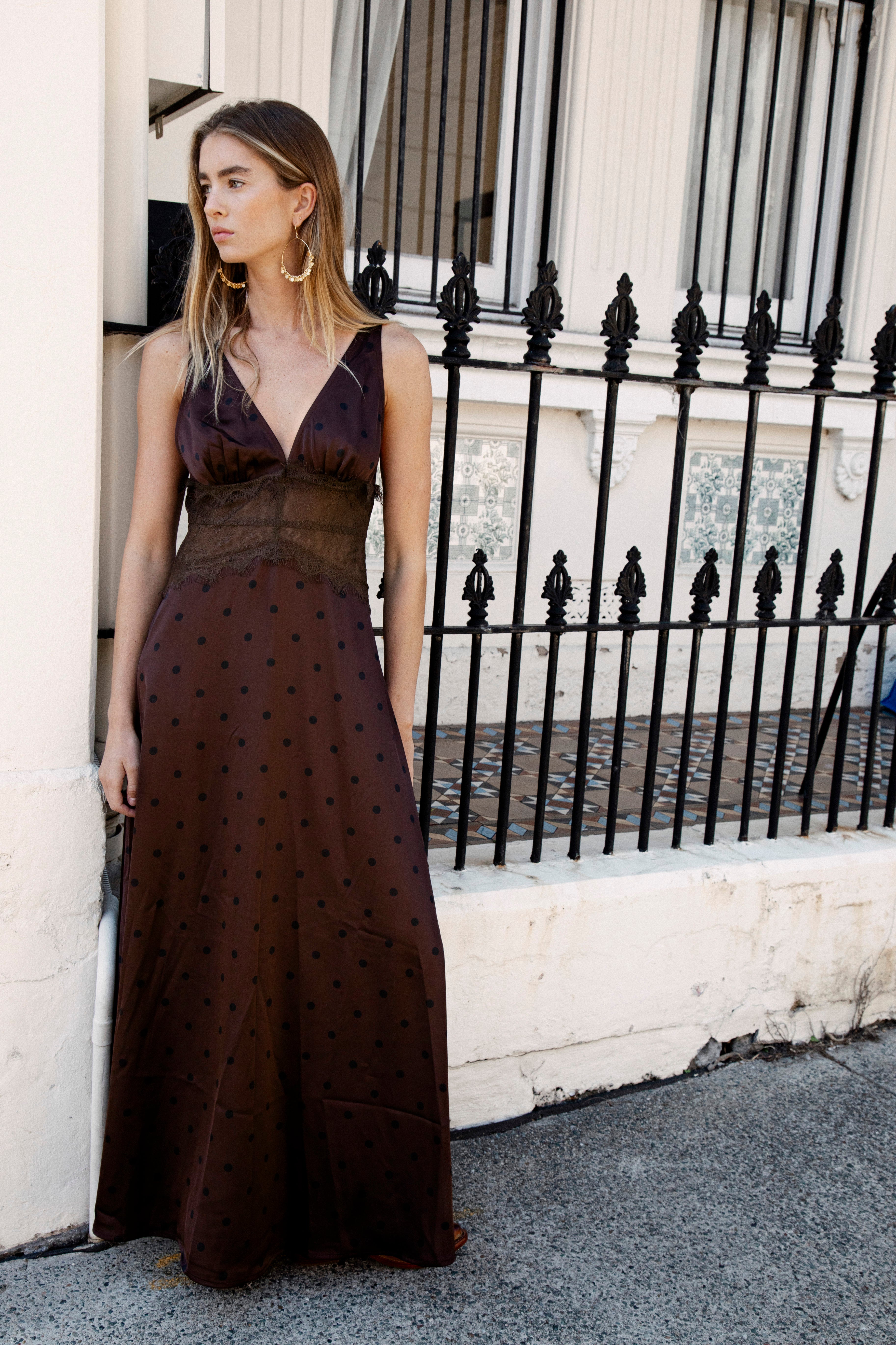 Elegance Slip Dress Espresso - maxi length dress with deep v-neckline, lace details and satin feel.