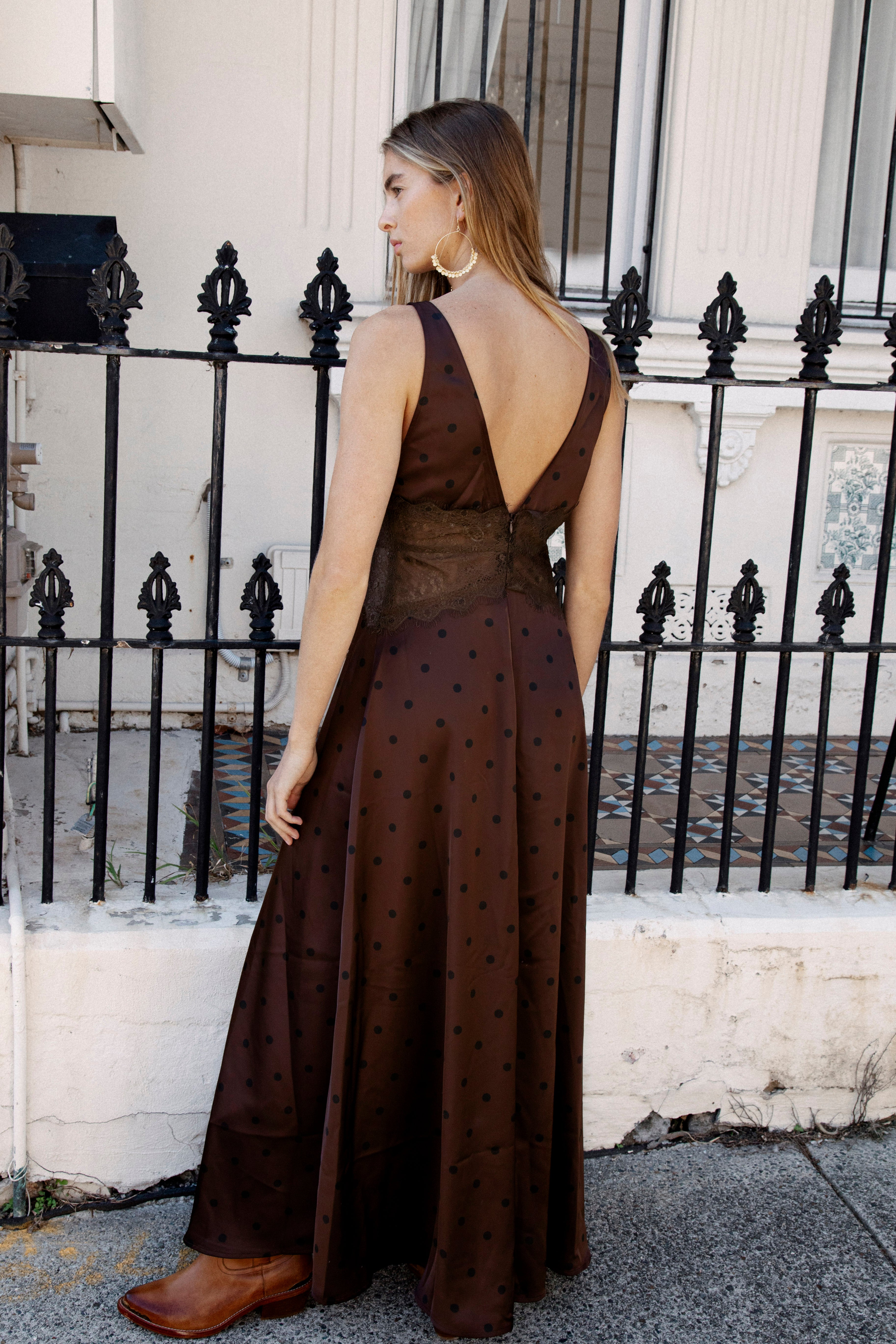 Elegance Slip Dress Espresso - rear view showcasing low back style