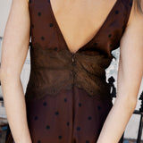 Elegance Slip Dress Espresso - close up of rear showcasing lace details at midriff and zip closure
