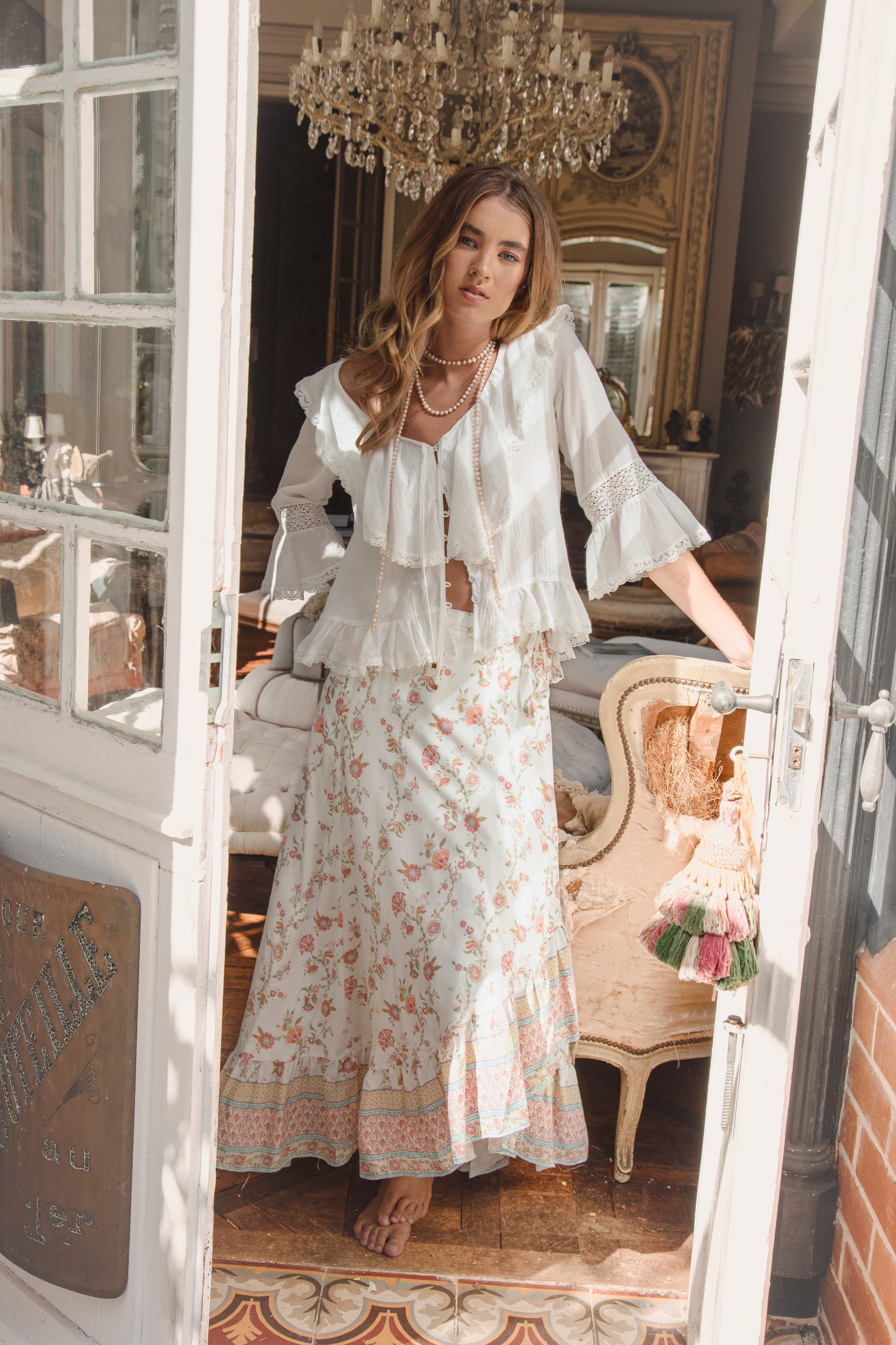 Elena Blouse Bisque worn with Marea Wrap Skirt