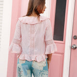 Elena Blouse Blush - rear view showcasing lace details and ruffle collar