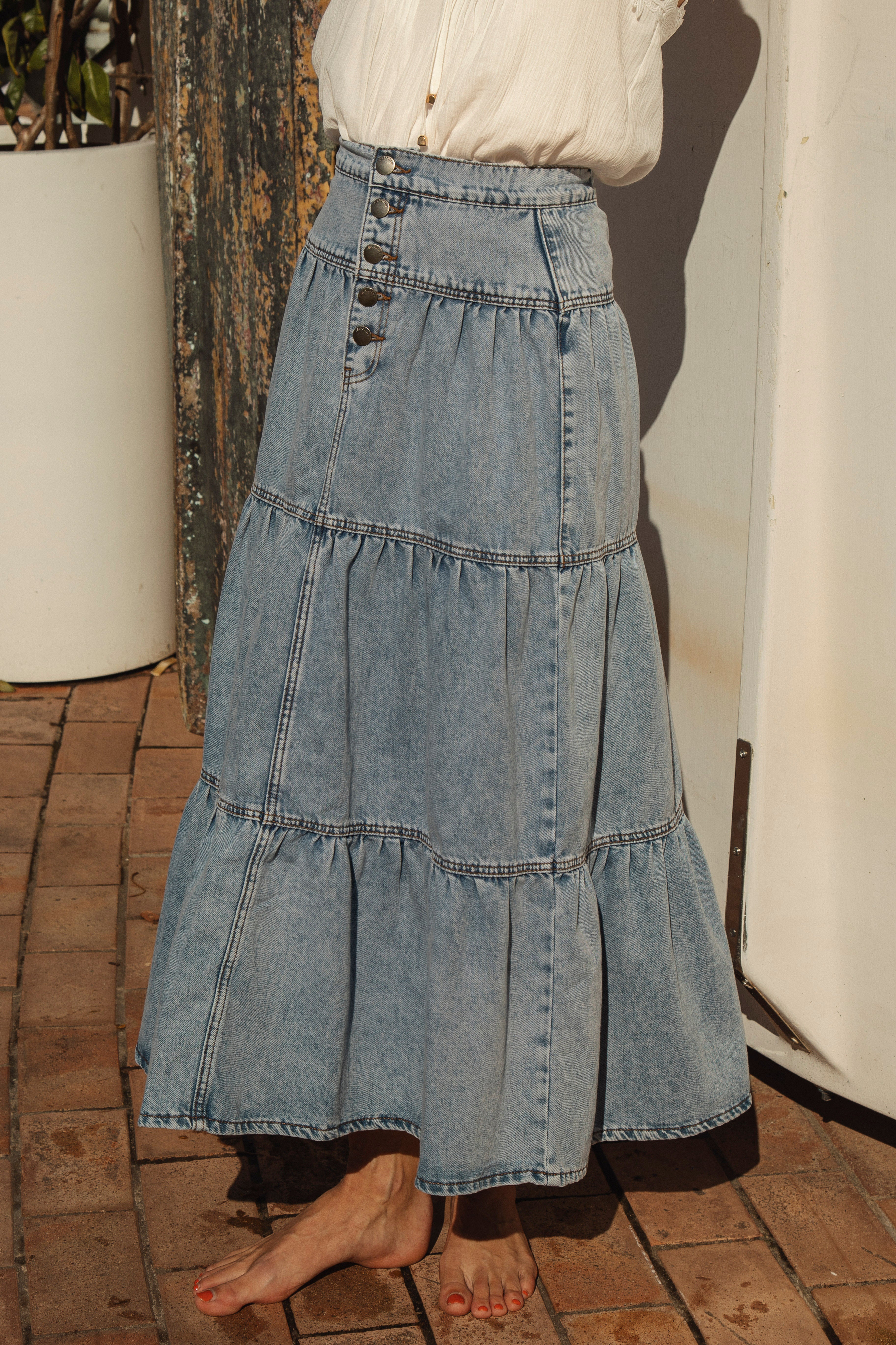 Elkie Denim Skirt featuring button closure and tiered style