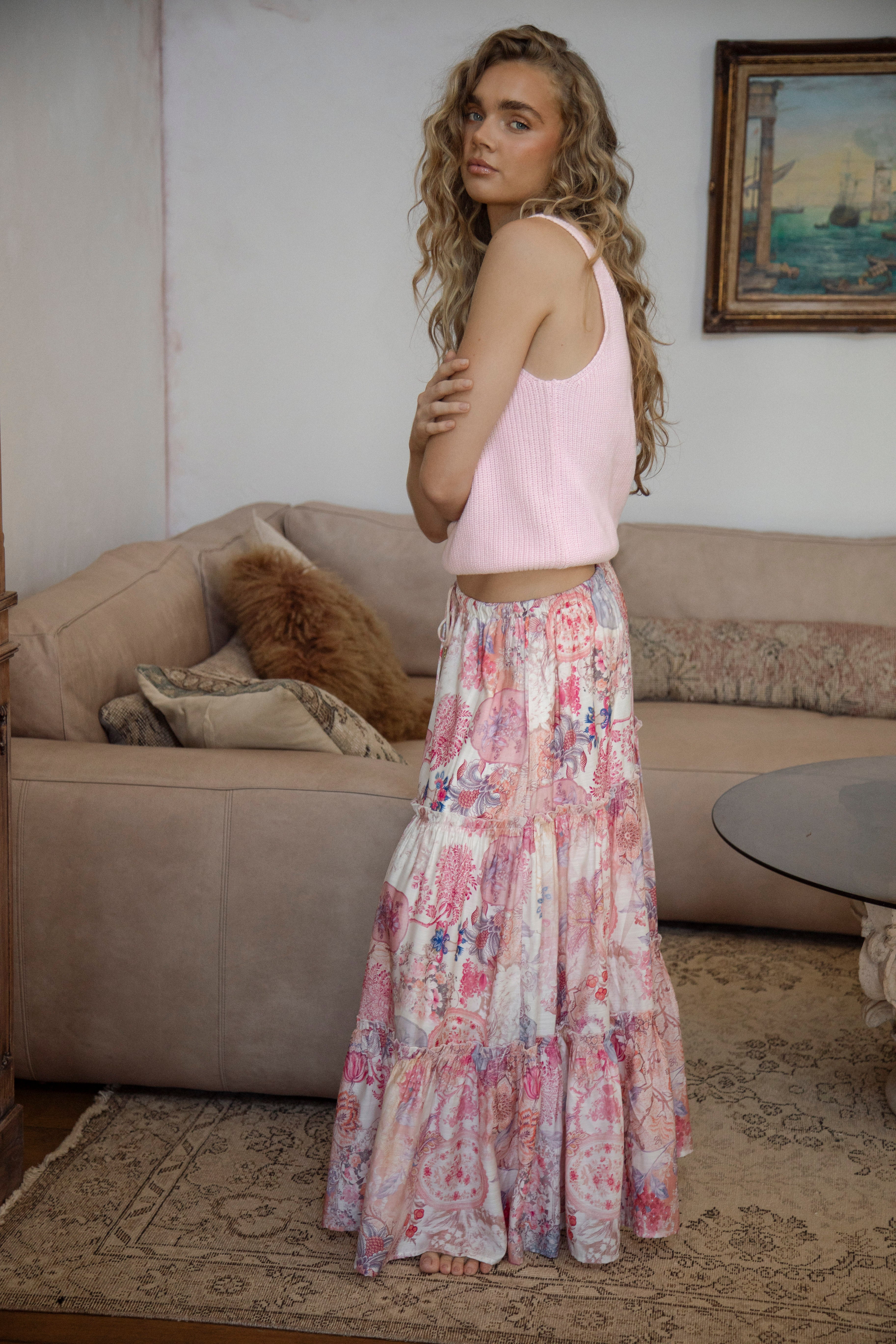 Ellie Maxi Skirt Posie - tiered maxi skirt in Bohemian style featuring pastel floral print