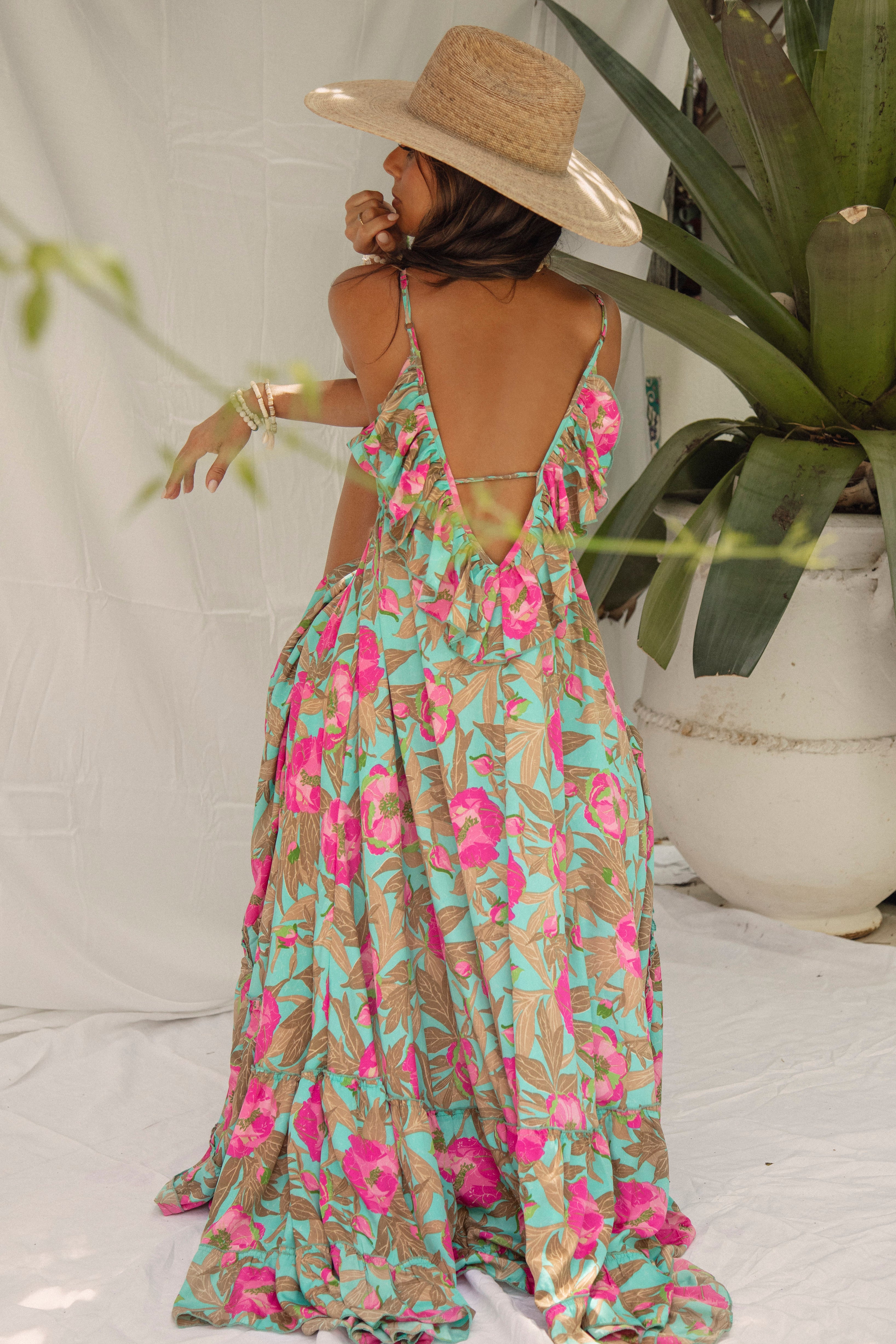 Enya Maxi Dress Peony Rear view with ruffle back detail
