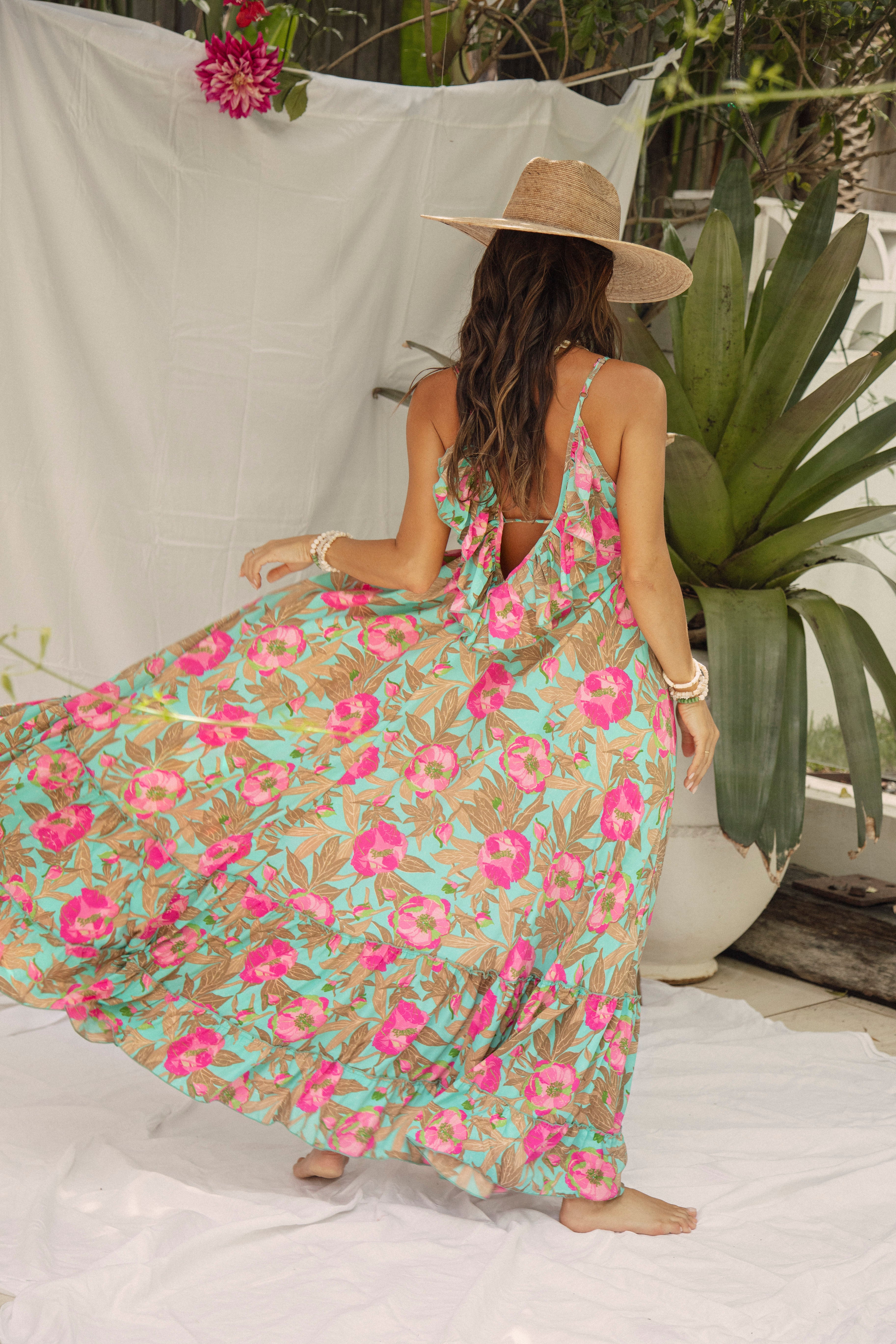 Enya Maxi Dress Peony featuring tiered skirt and spaghetti straps