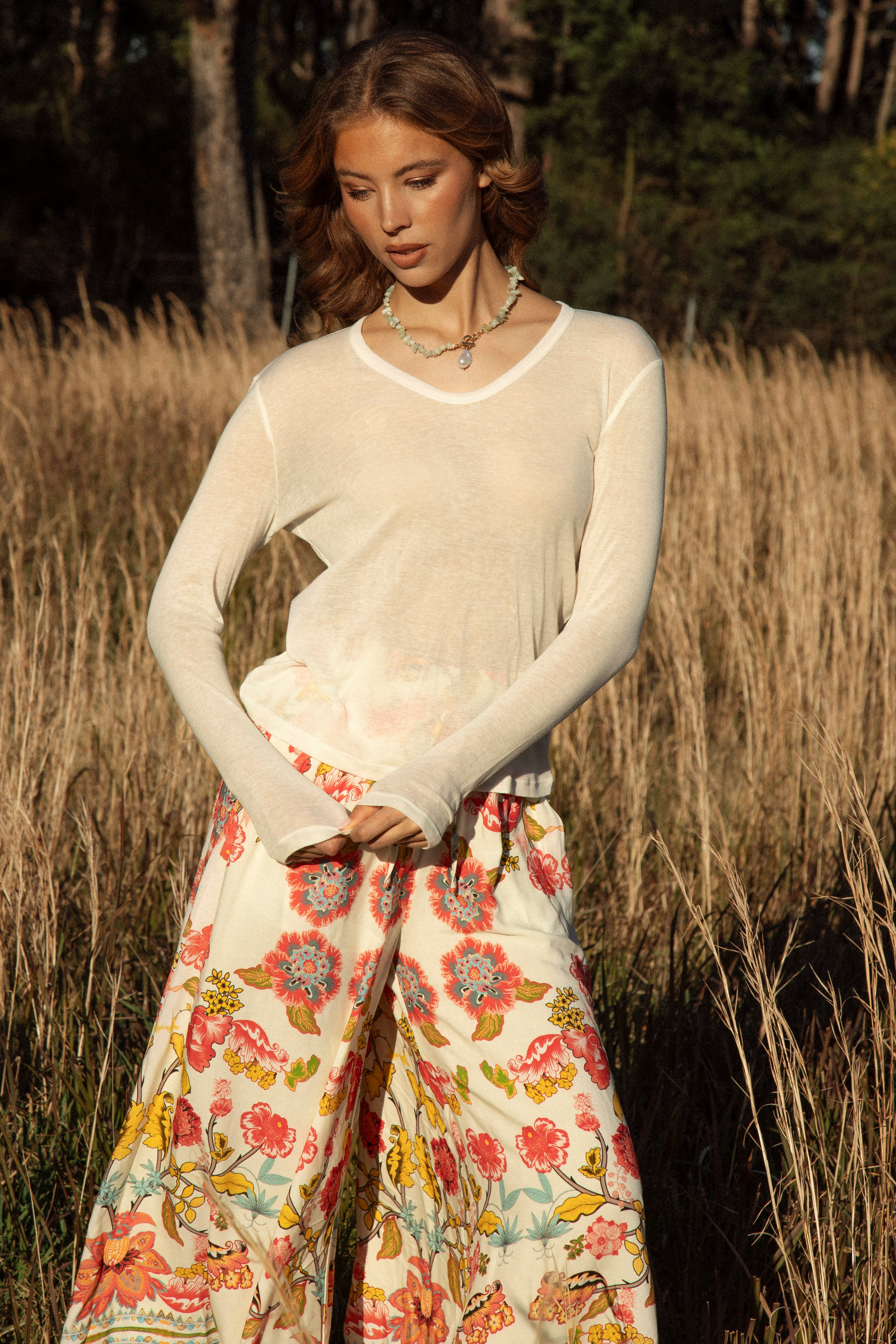 Essential Long Sleeve Tee worn with Boho style wide leg pants