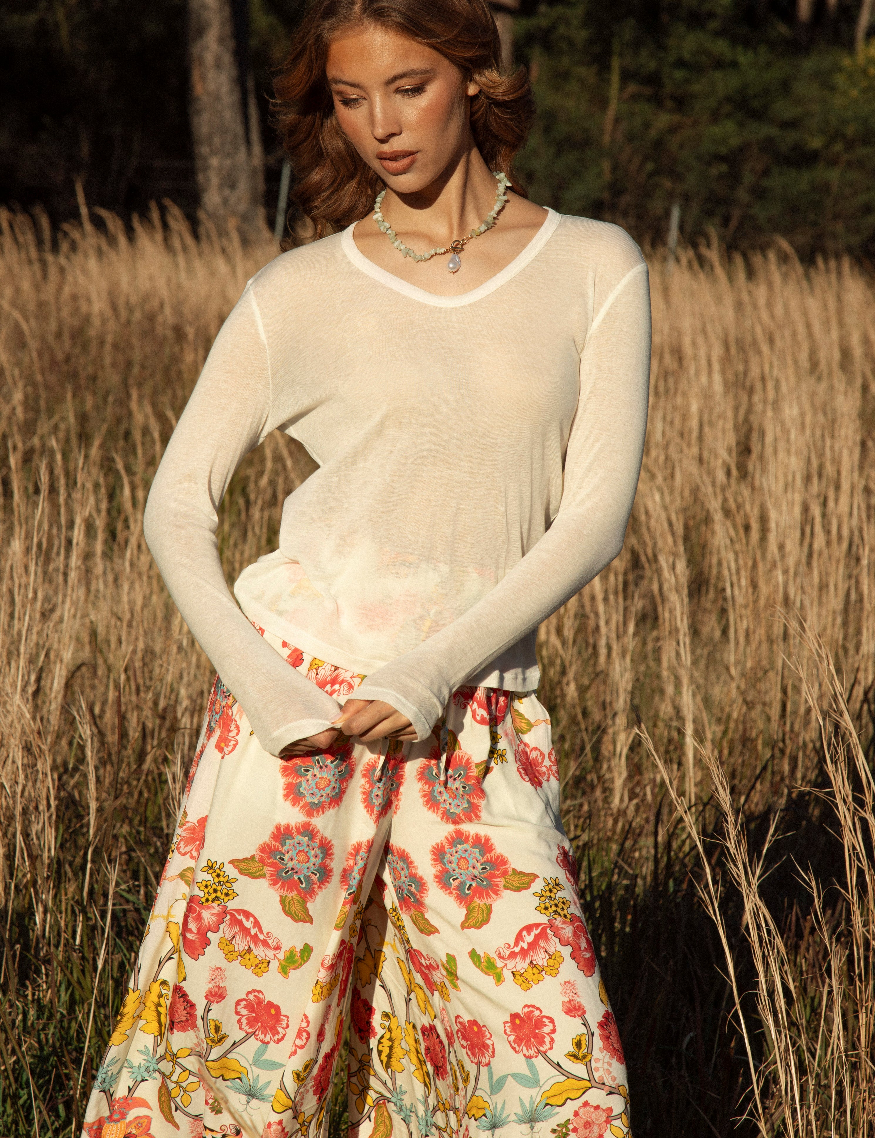 Essential Long Sleeve Tee worn with Boho style wide leg pants