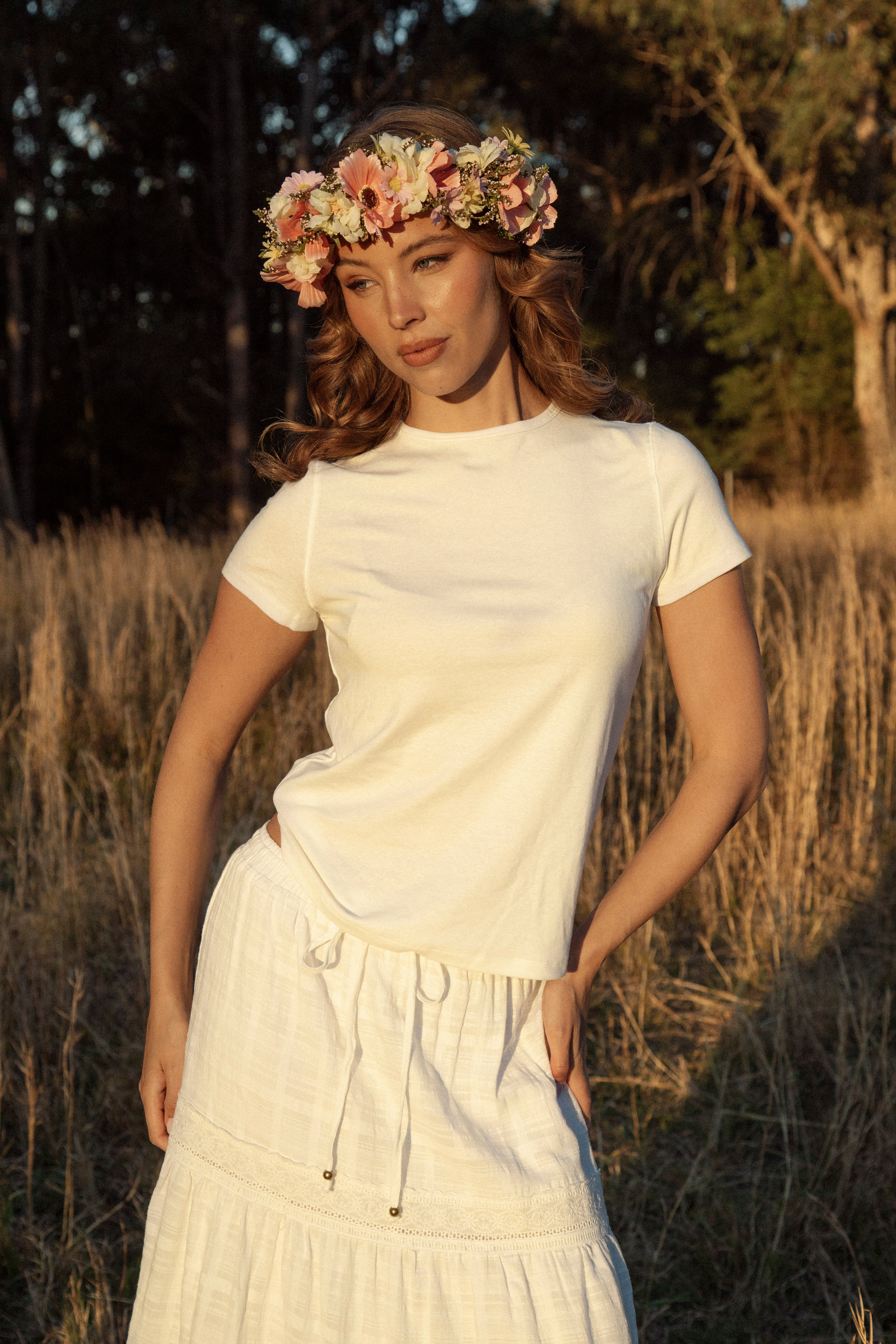 Euro Summer Tee Ivory worn with Boho style maxi  skirt in white colourway