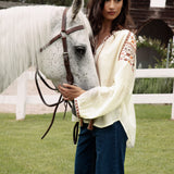 Eve Embroidered Blouse featuring delicate embroidery at cuffs, sleeves and neckline.