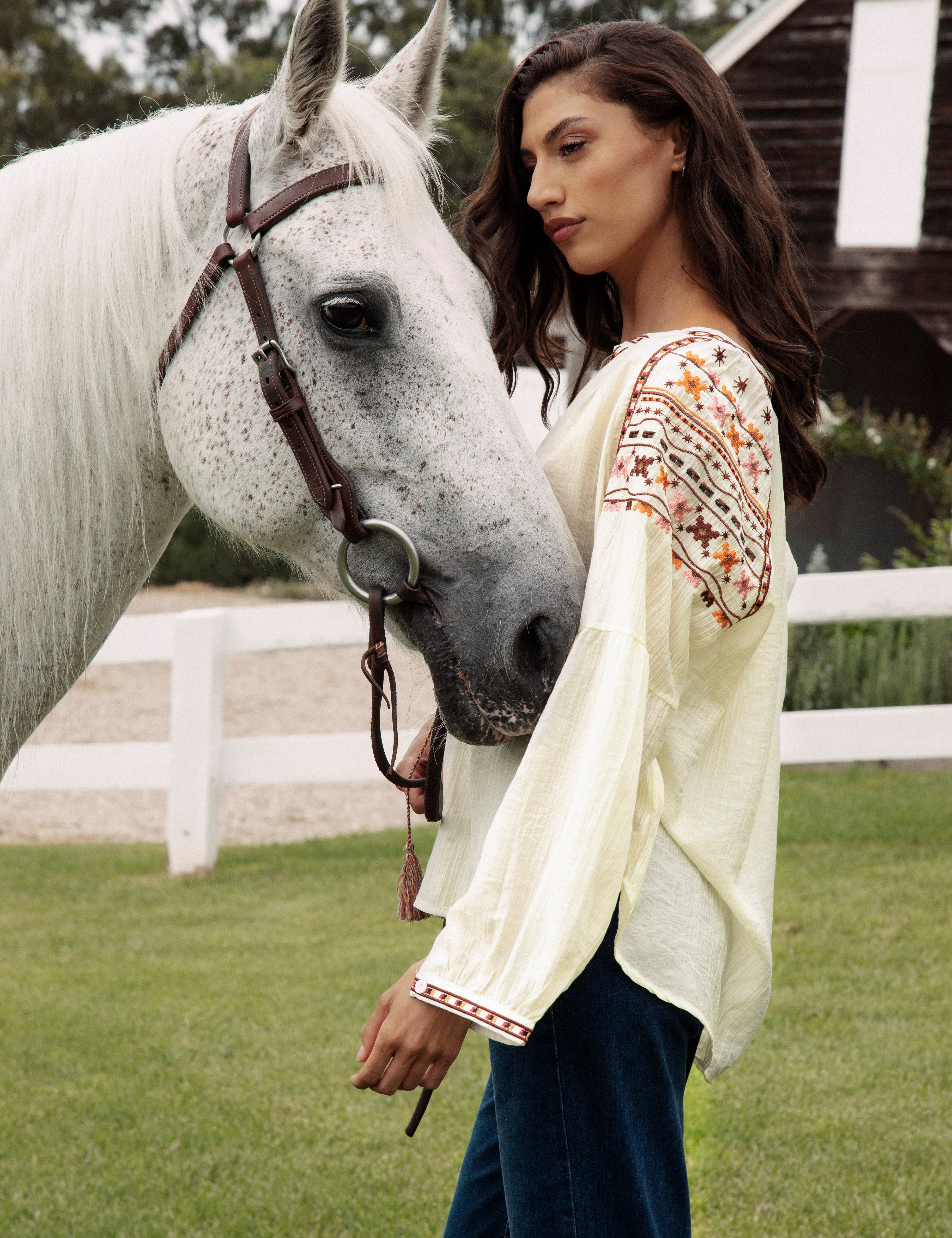 Eve Embroidered Blouse Side View showcasing floral embroidery in Autumnal tones on sleeve.