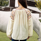 Eve Embroidered Blouse. Rear view showcasing oversized fit and delicate embroidered detail at sleeves, neckline and cuffs.