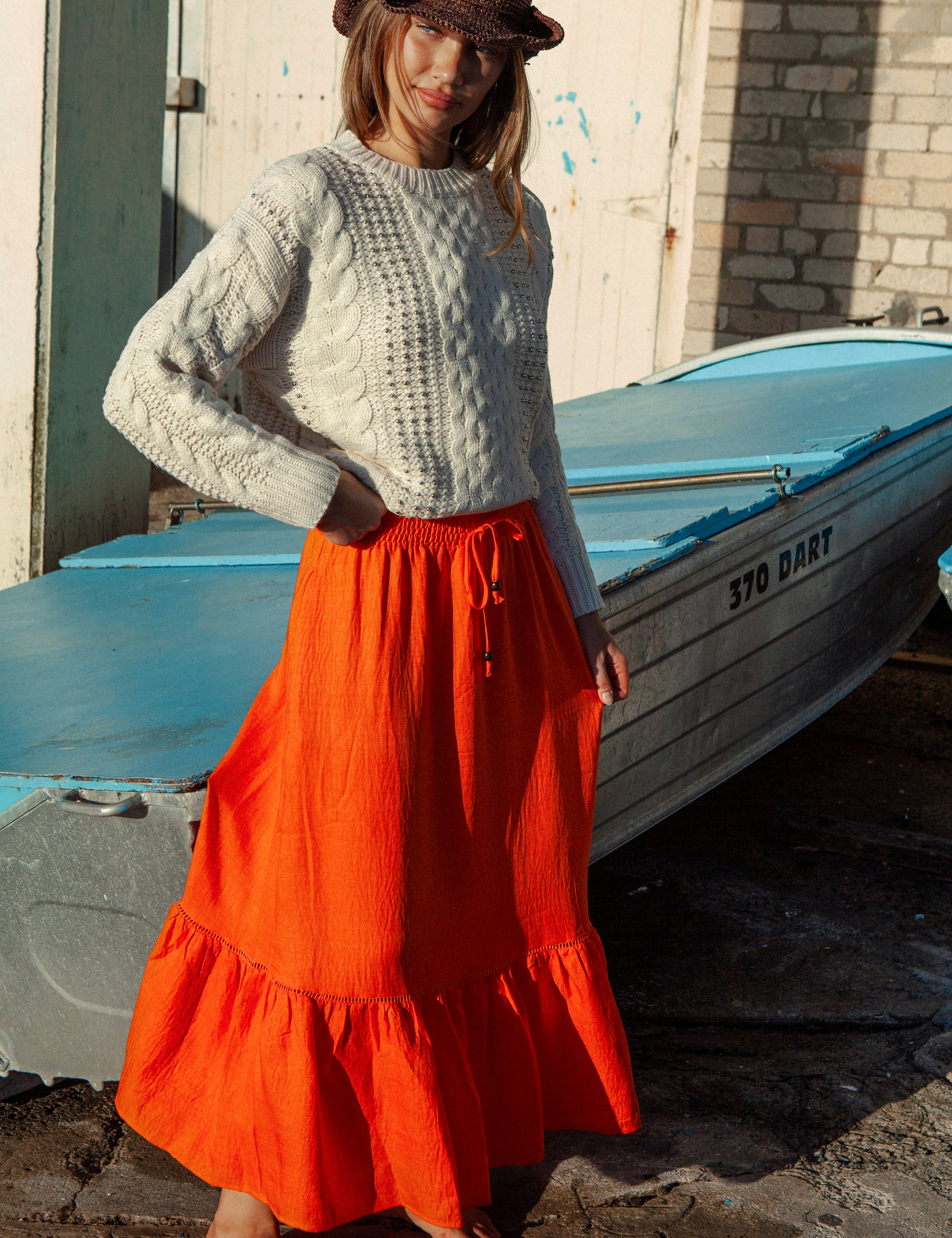 Evelyn Skirt - Burnt Orange. Traditional boho style maxi skirt in bold orange colourway.