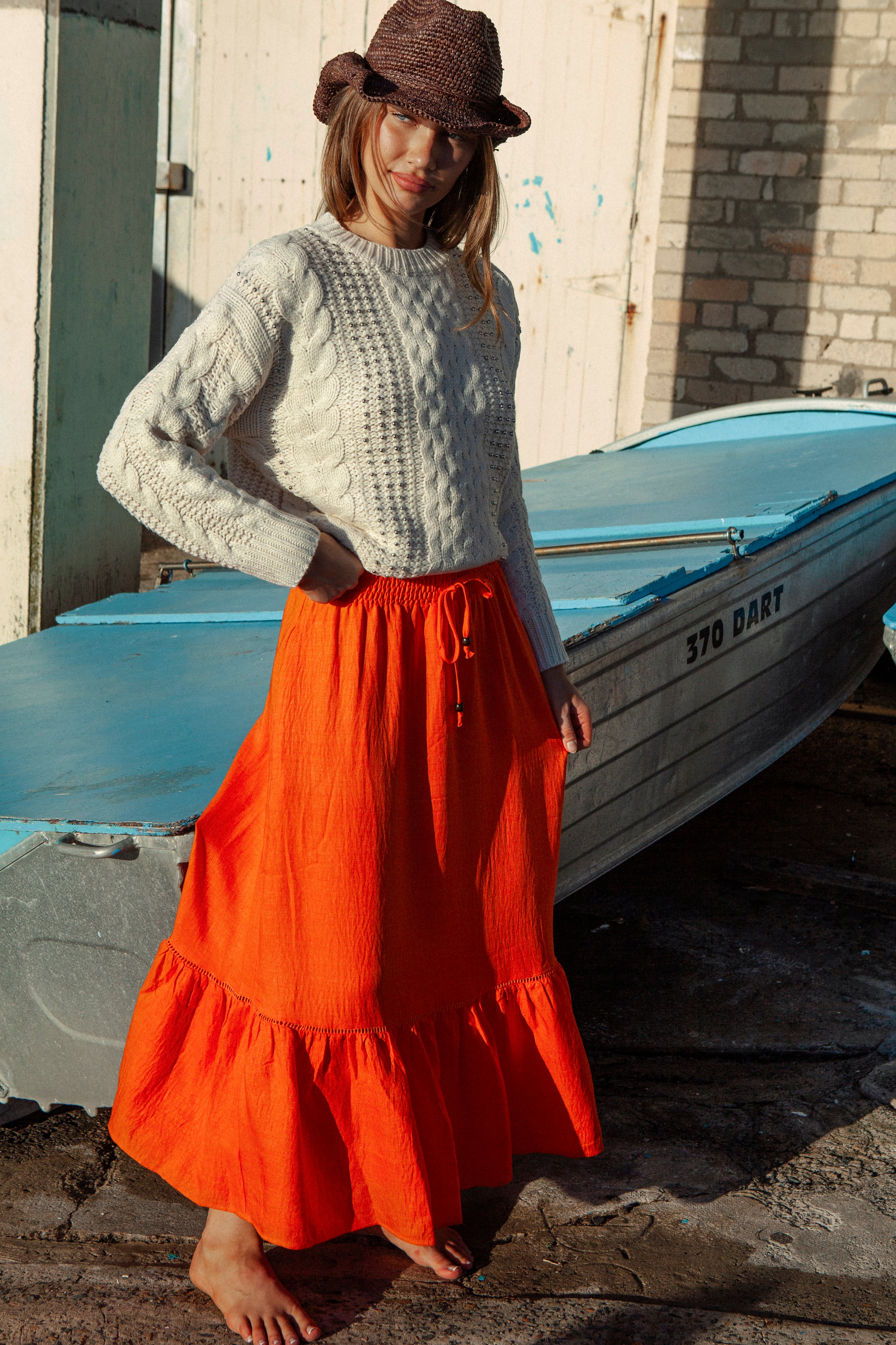 Evelyn Skirt - Burnt Orange. Traditional boho style maxi skirt in bold orange colourway.