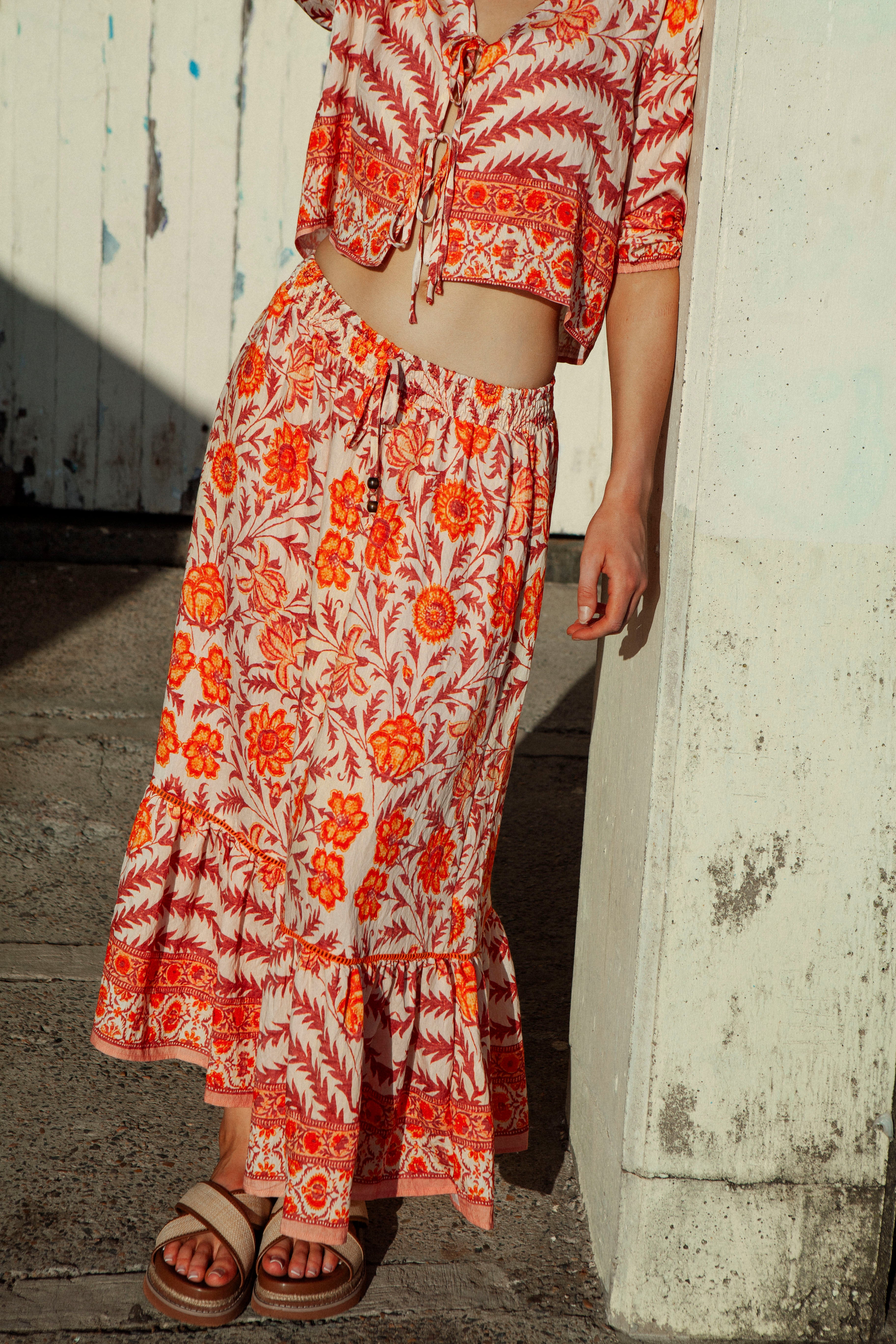 Evelyn Skirt Marigold - traditional Boho style maxi skirt featuring floral pattern in shades of orange and cream