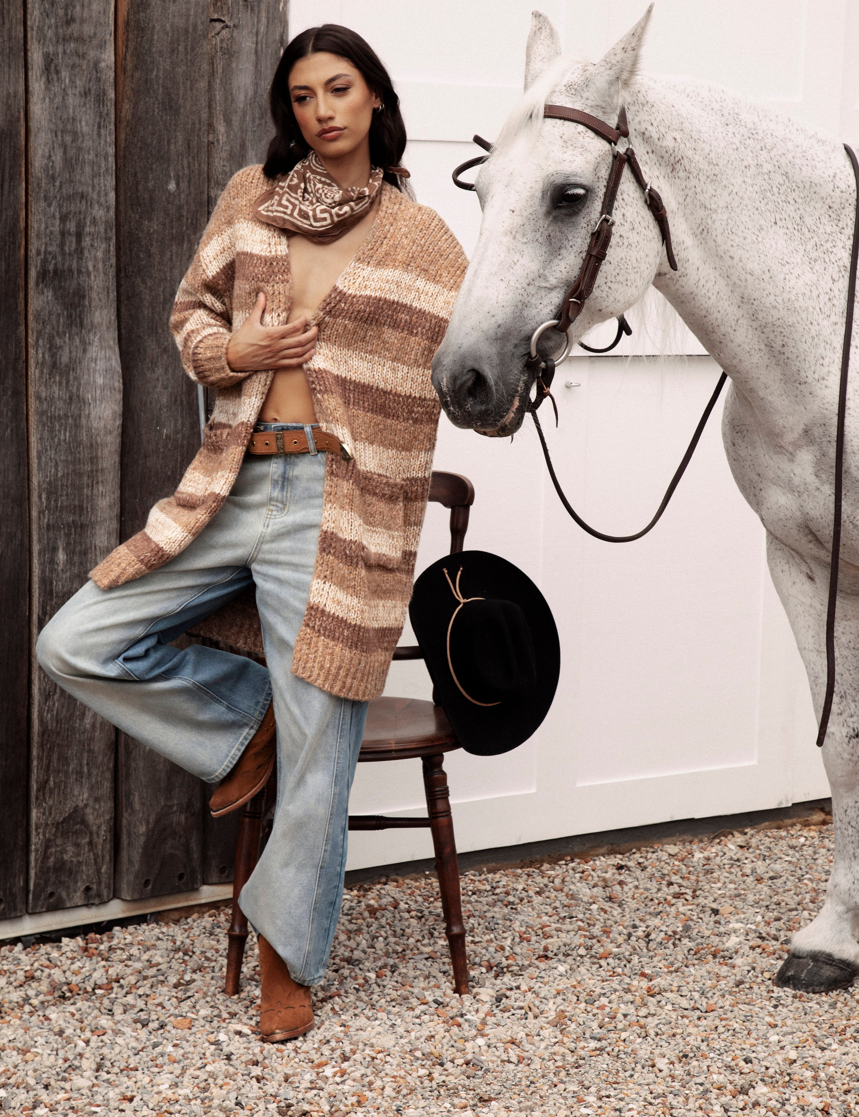 Fall Slouch Cardigan Cinder - Longline Cardigan featuring pockets, relaxed style and striped pattern in shades of brown.