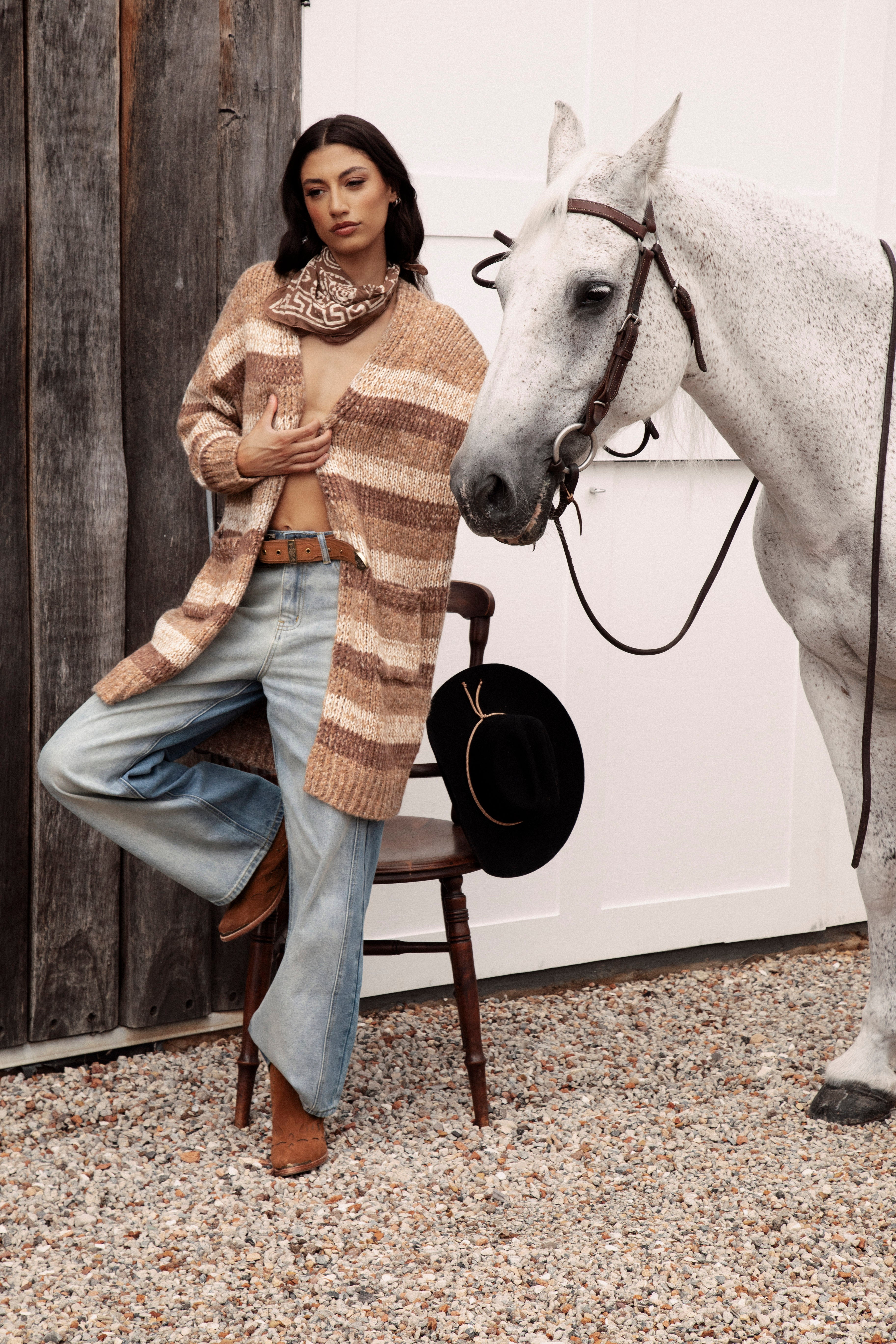 Fall Slouch Cardigan Cinder - Longline Cardigan featuring pockets, relaxed style and striped pattern in shades of brown.