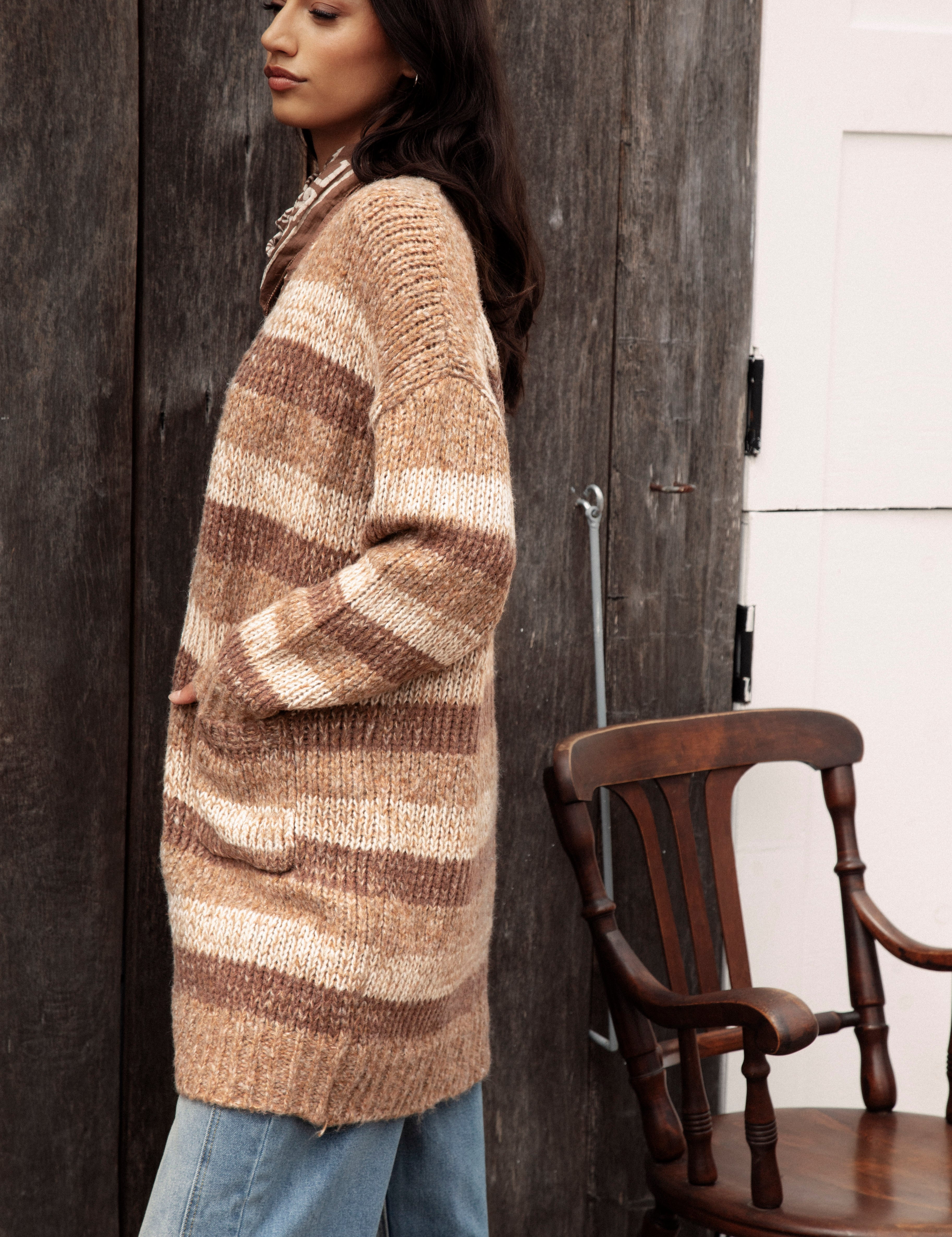 Fall Slouch Cardigan Cinder. Side View showcasing longer length and pockets.