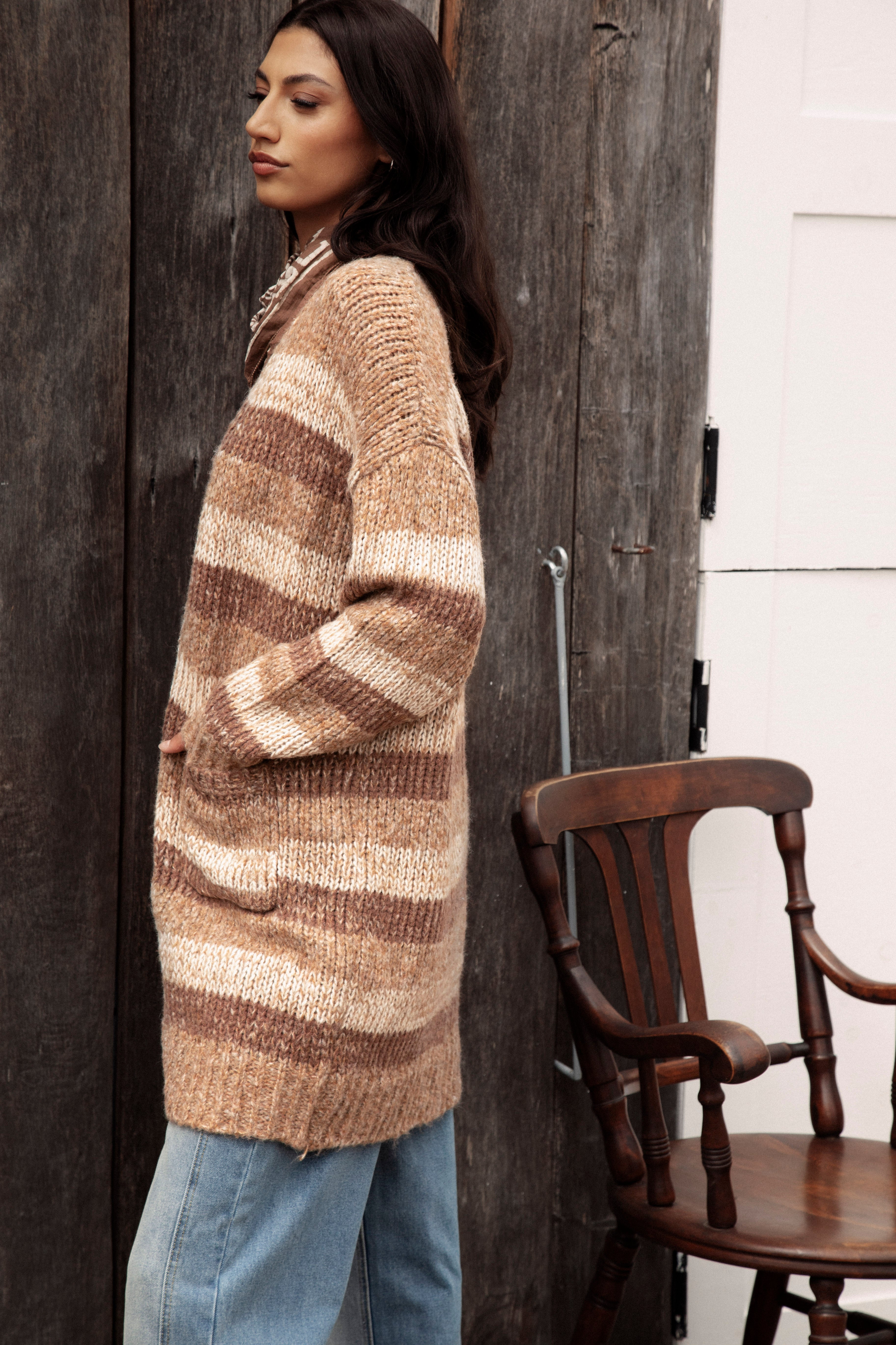 Fall Slouch Cardigan Cinder. Side View showcasing longer length and pockets.