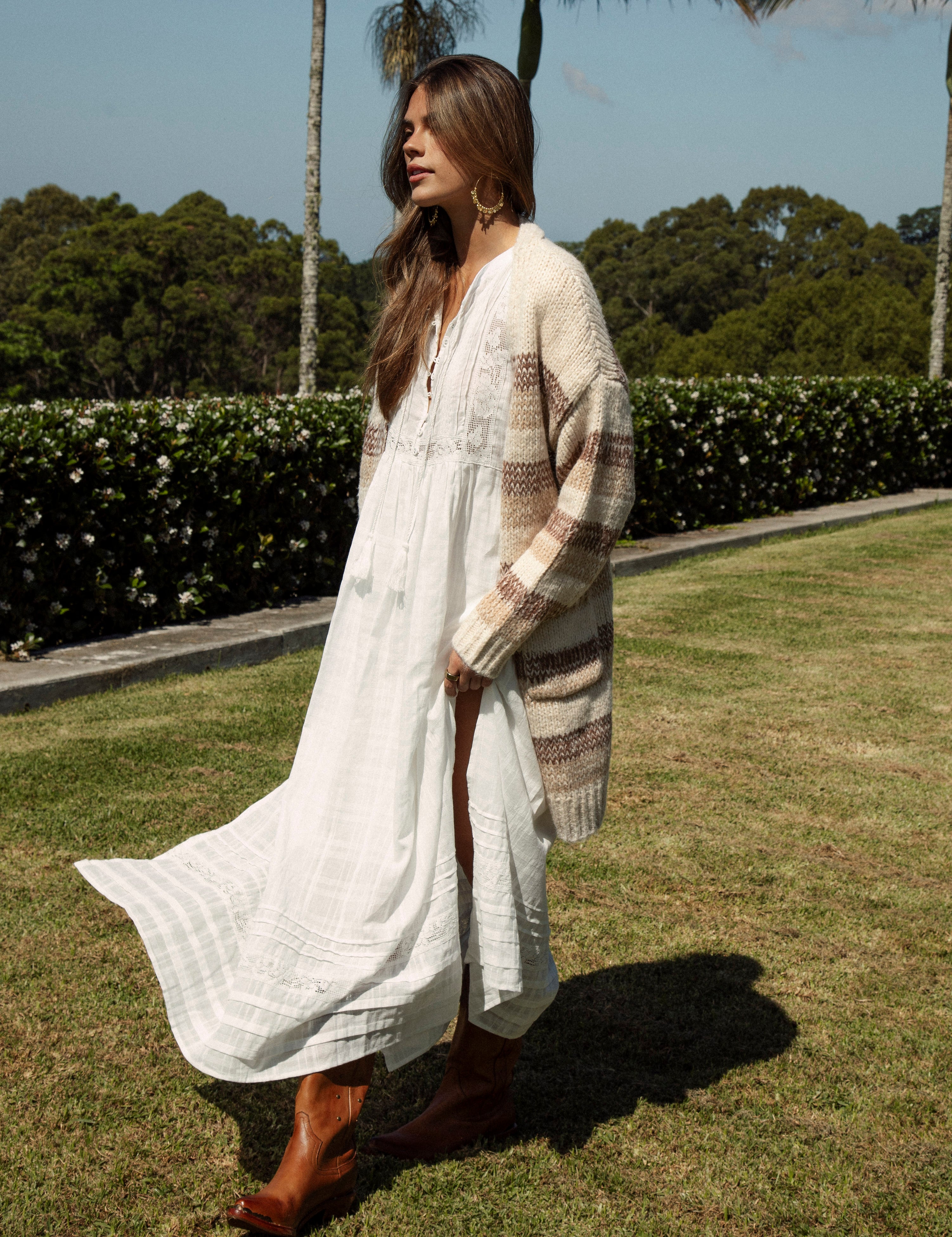 Fall Slouch Cardigan Toffee - longline cardigan featuring striped pattern in shades of brown