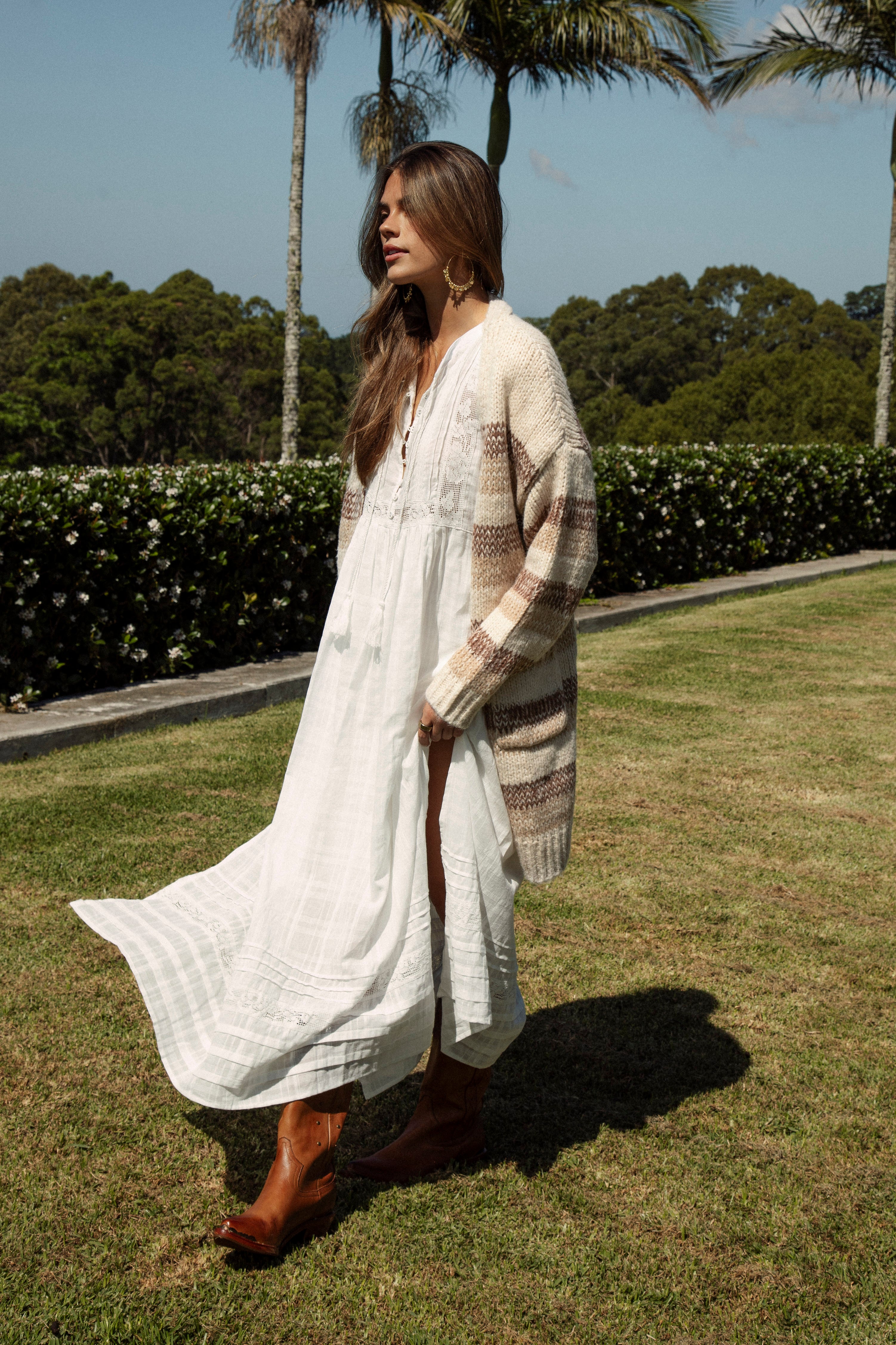 Fall Slouch Cardigan Toffee - longline cardigan featuring striped pattern in shades of brown