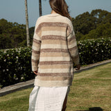 Fall Slouch Cardigan Toffee - rear view of striped pattern and longer length