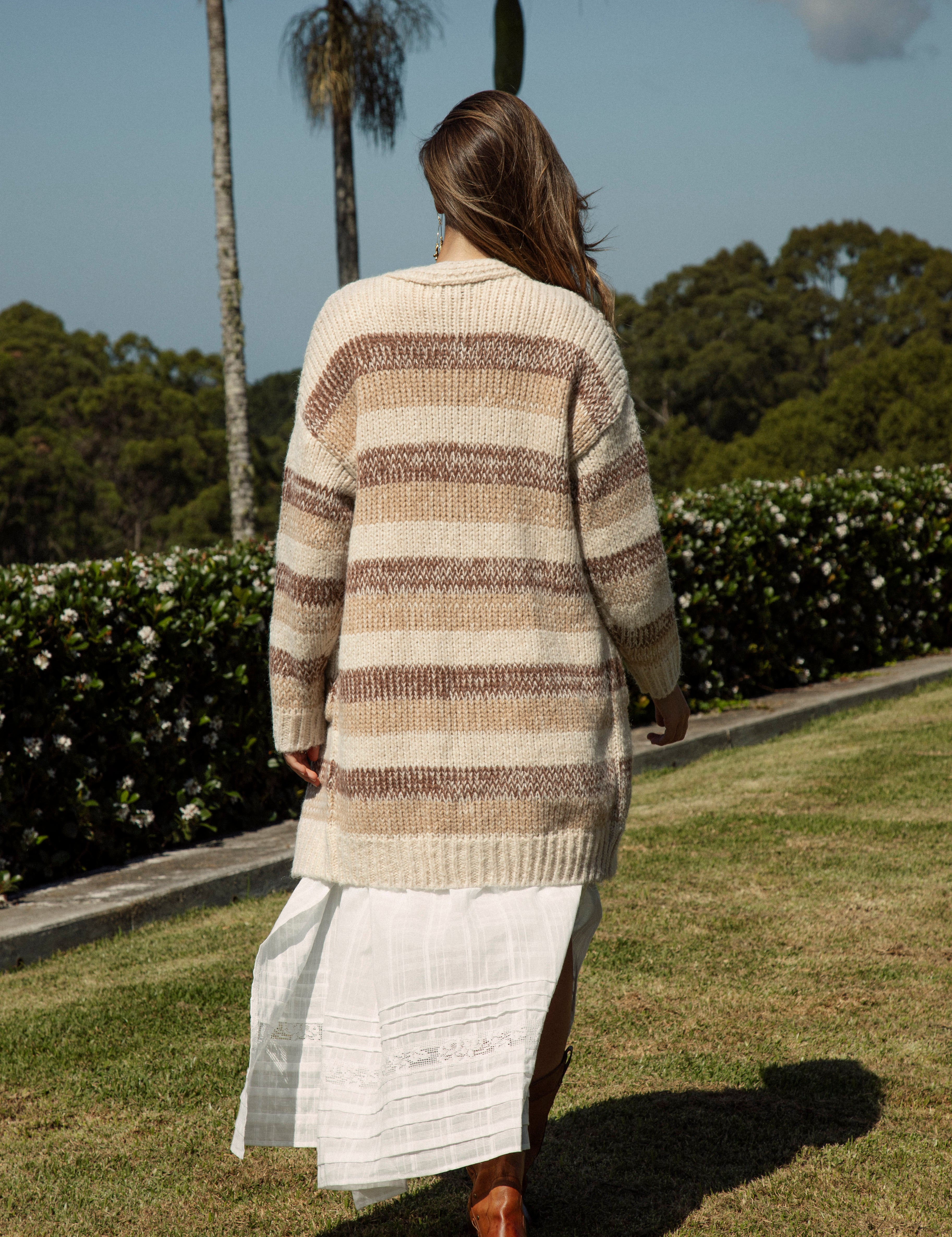 Fall Slouch Cardigan Toffee - rear view of striped pattern and longer length