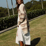 Fall Slouch Cardigan Toffee showcasing longer length, statement pockets and striped pattern