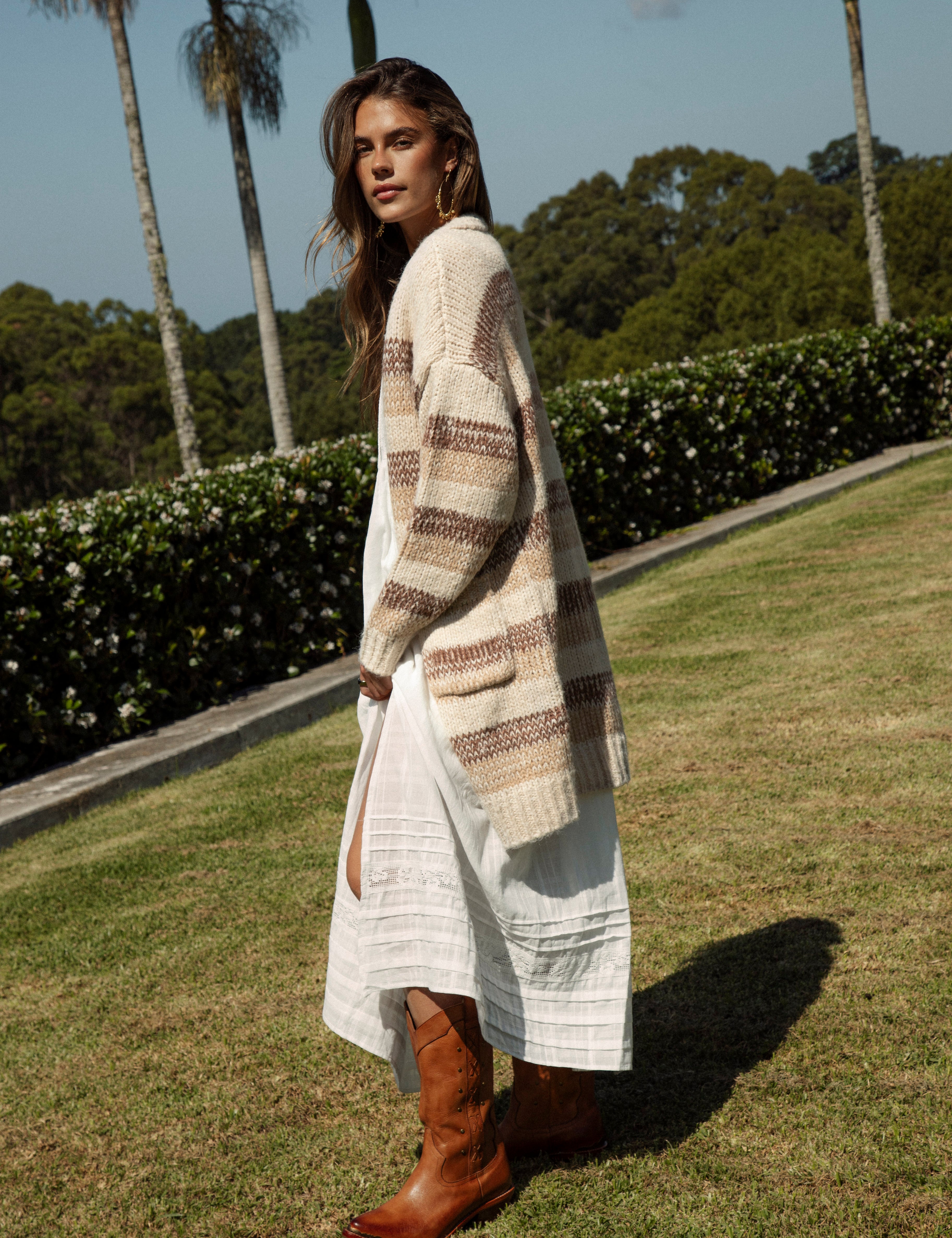 Fall Slouch Cardigan Toffee showcasing longer length, statement pockets and striped pattern