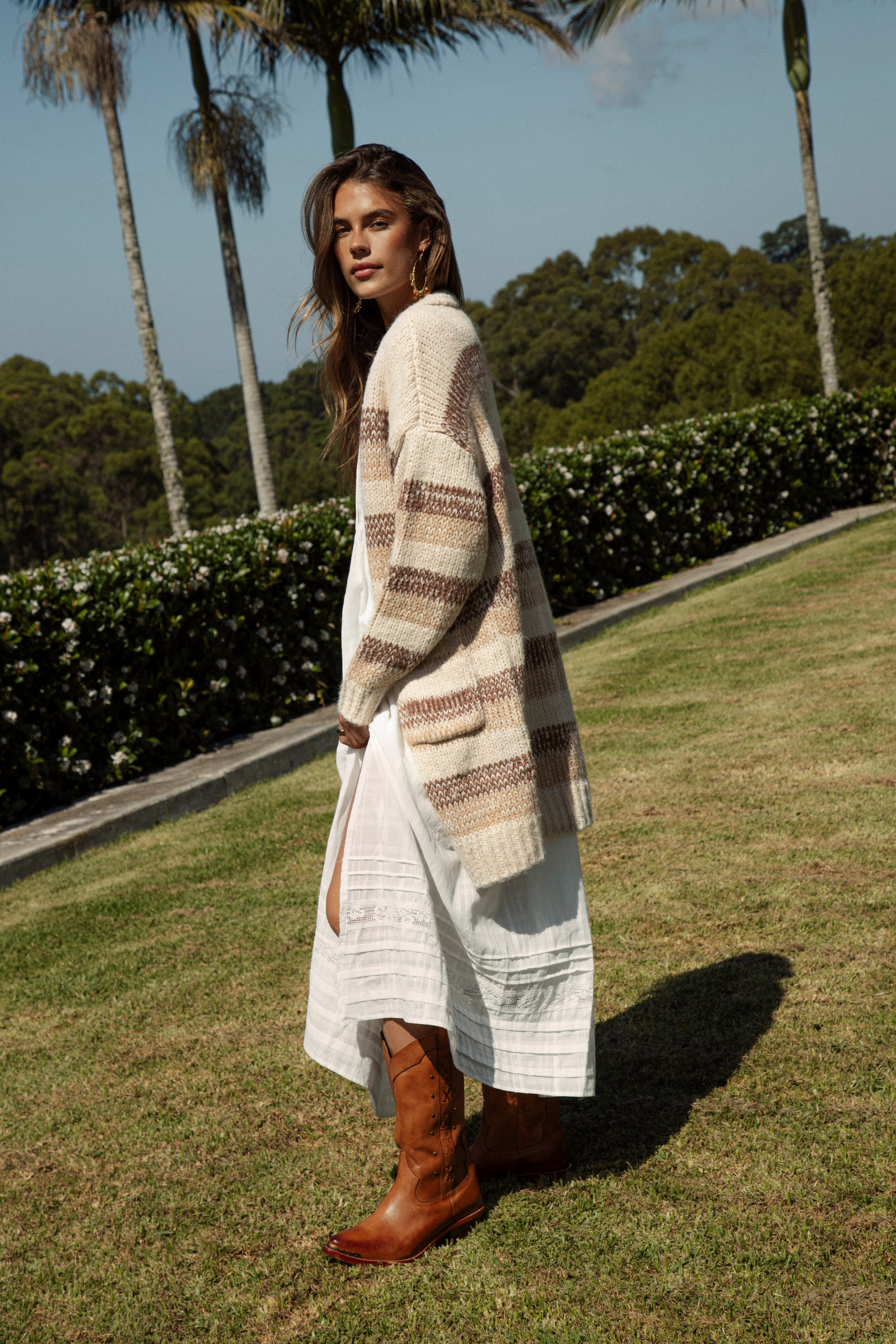 Fall Slouch Cardigan Toffee showcasing longer length, statement pockets and striped pattern