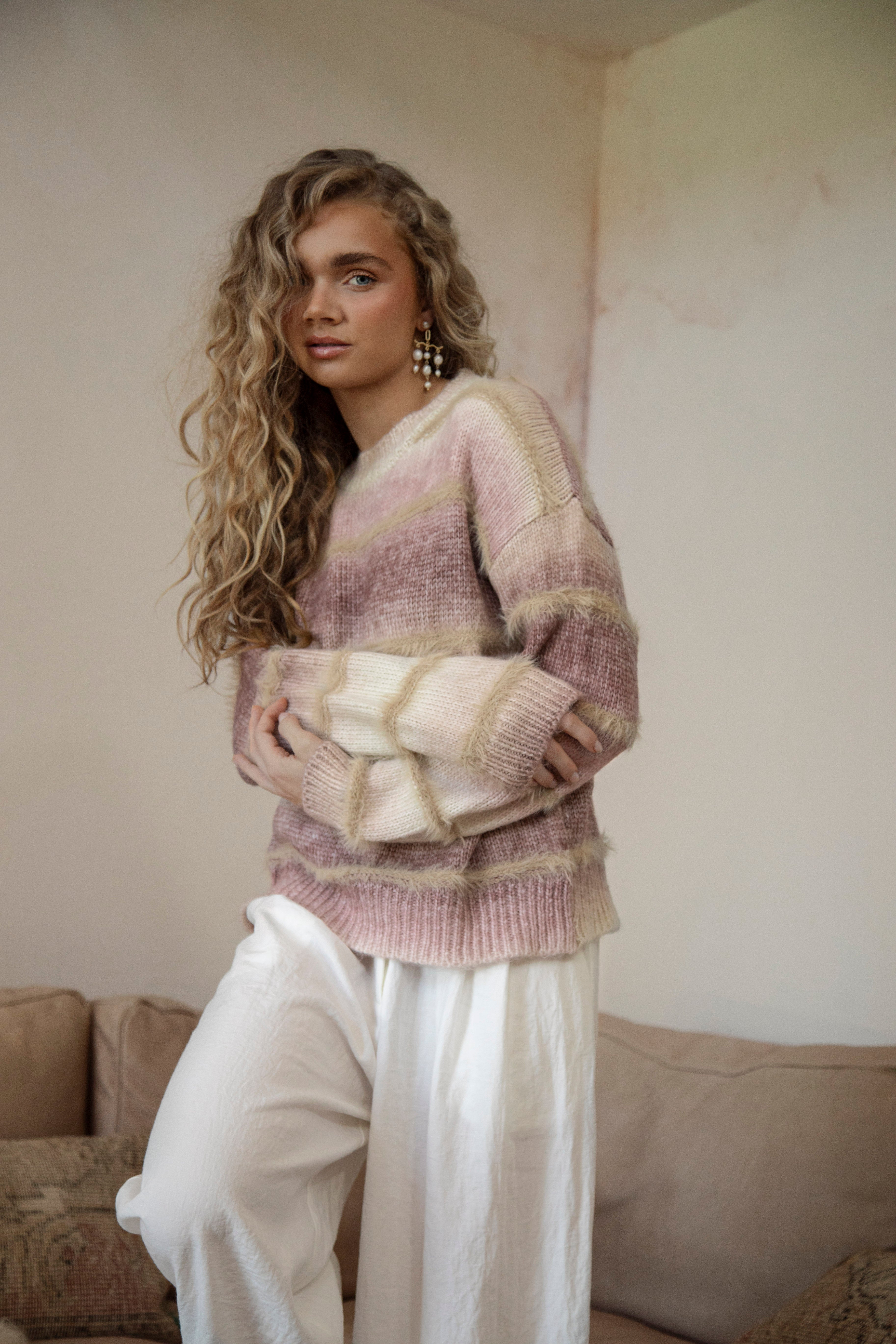 Fawna Sweater - soft brushed knit in shades of pink, cream and beige.