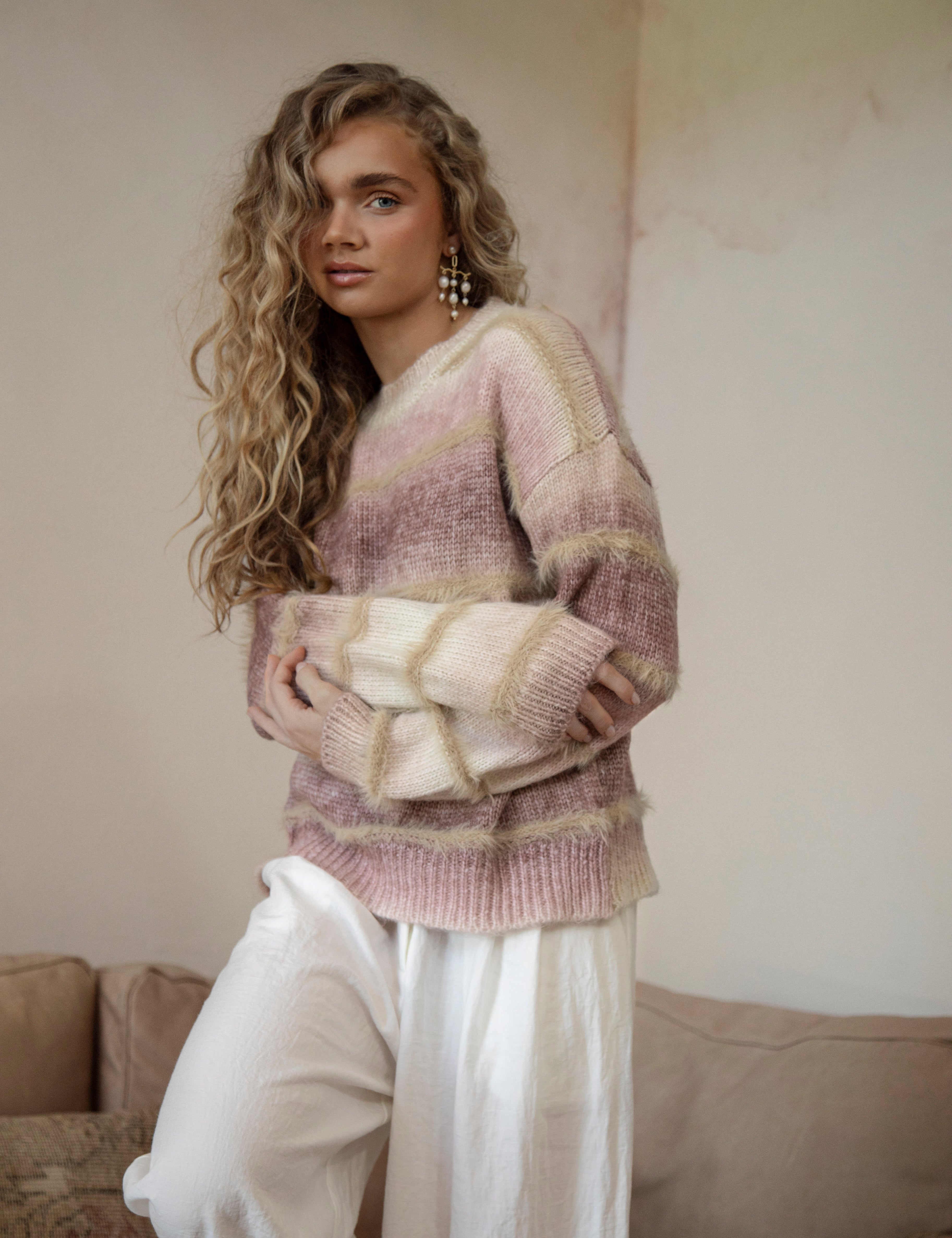 Fawna Sweater - soft brushed knit in shades of pink, cream and beige.