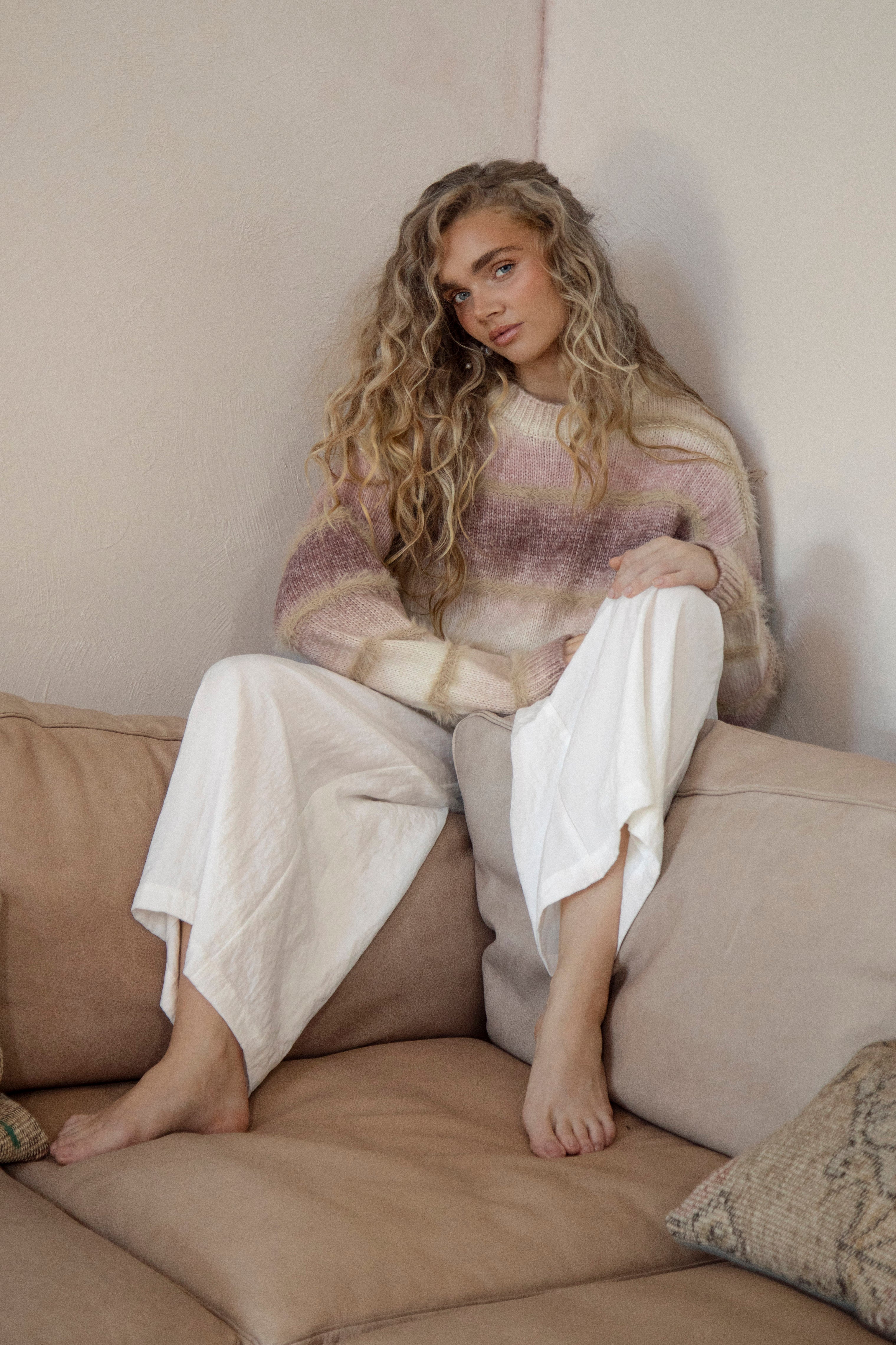 Fawna Sweater - soft brushed knit featuring striped pattern in shades of pink, beige and cream.