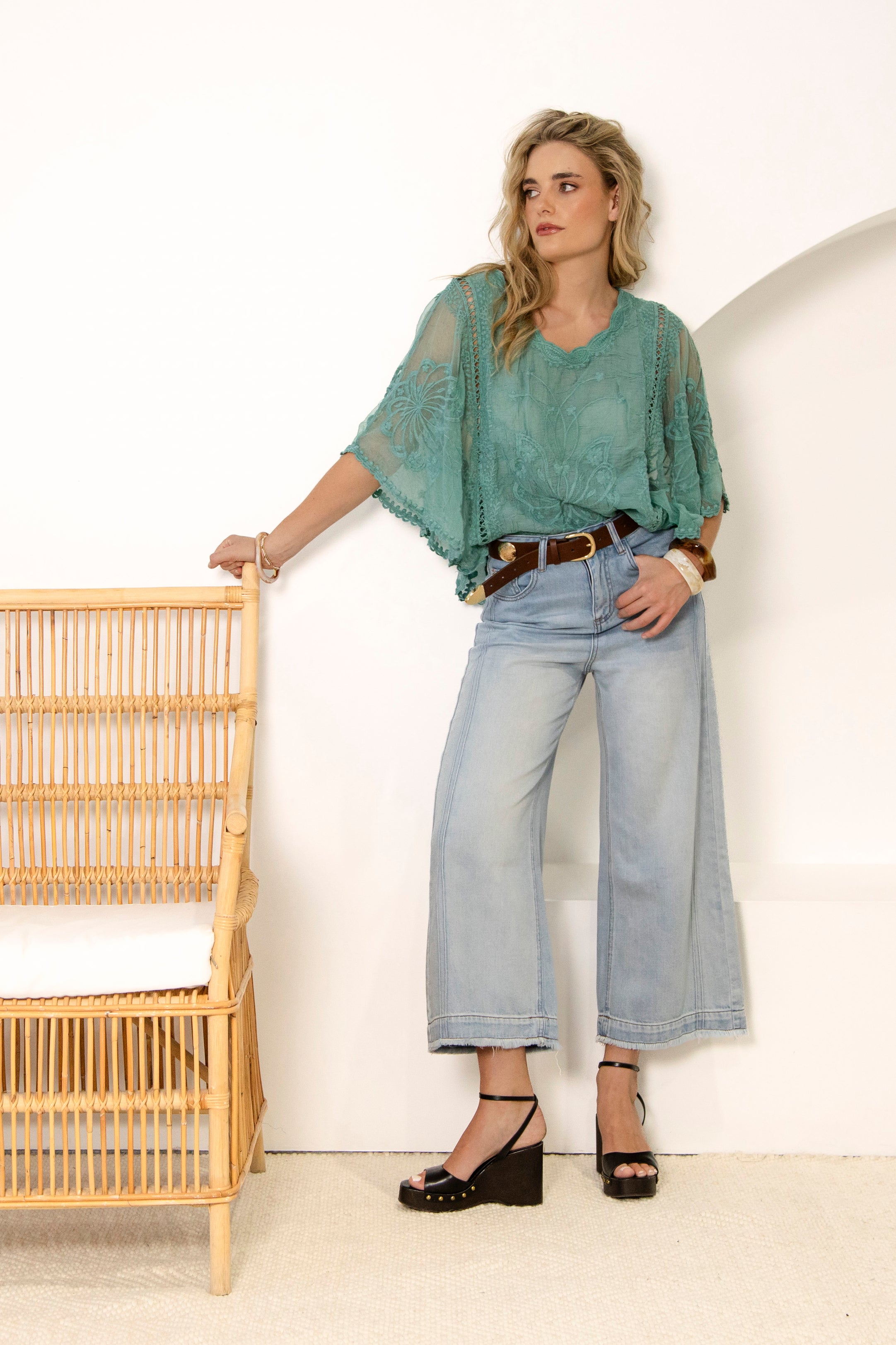 Faye Lace Top Fern worn with denim for casual style