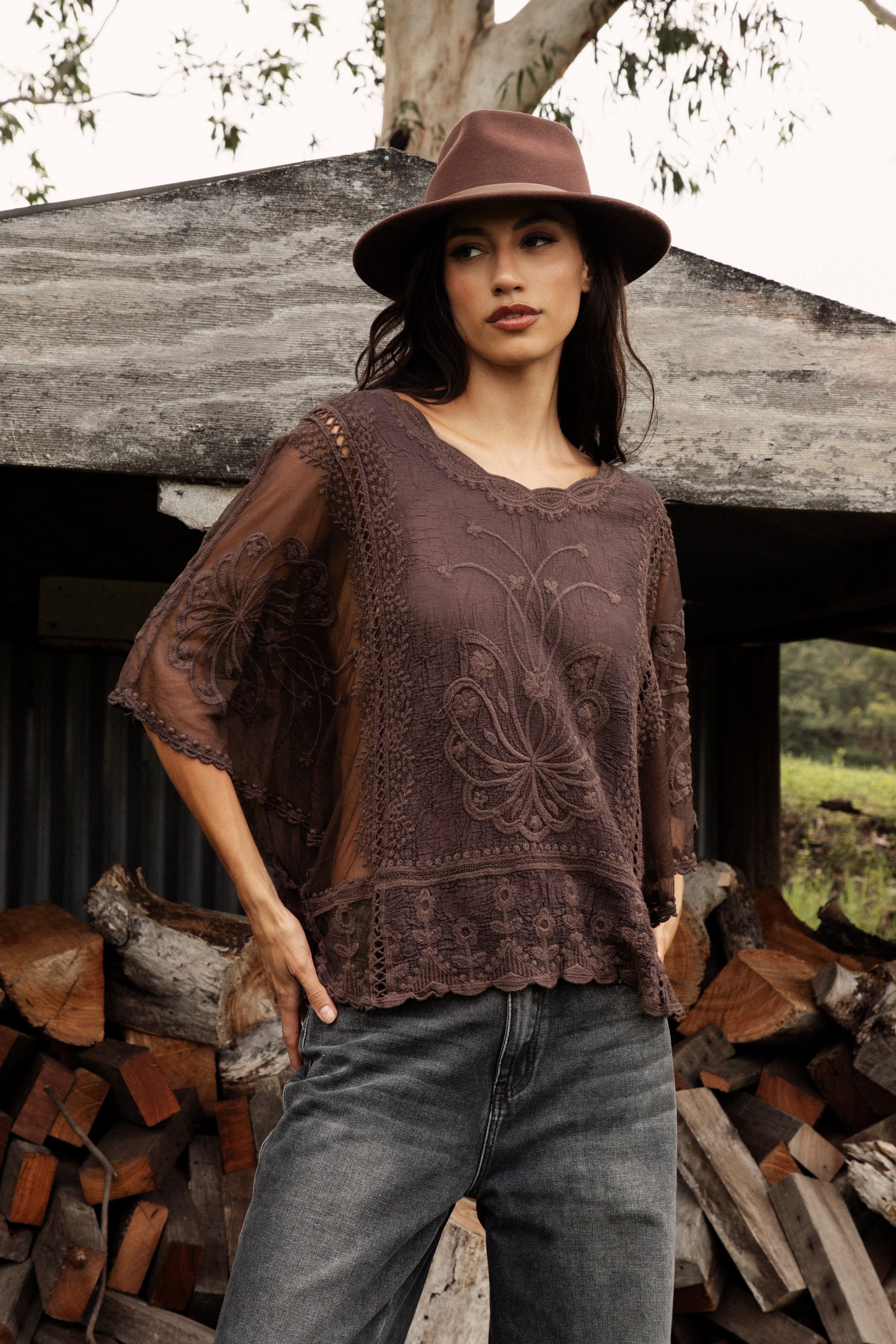 Faye Lace Top Mahogany worn with renegade denim jean and panama hat.