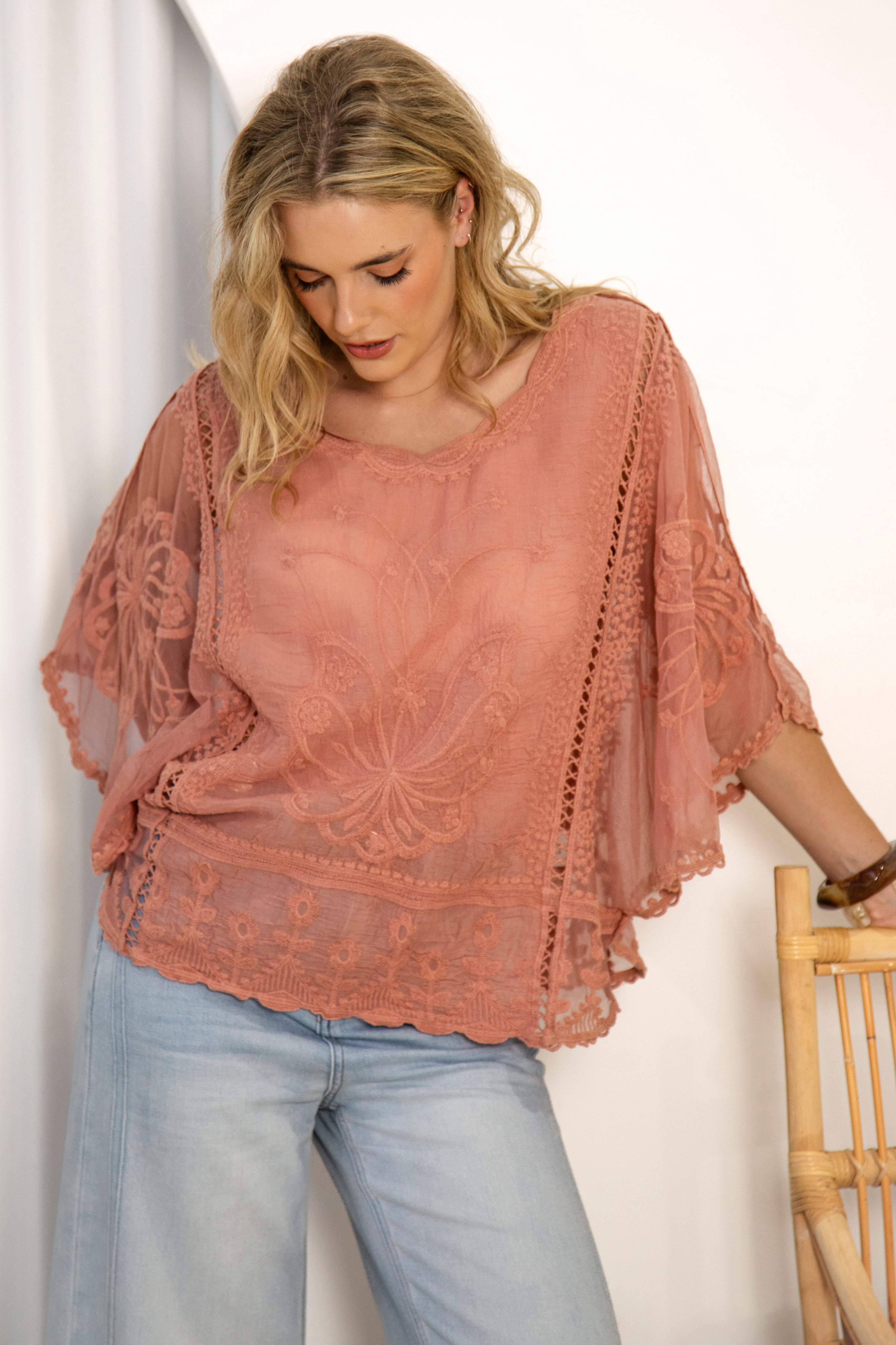 Faye Lace Top Rose in dusky pink colourway with lace detailing throughout