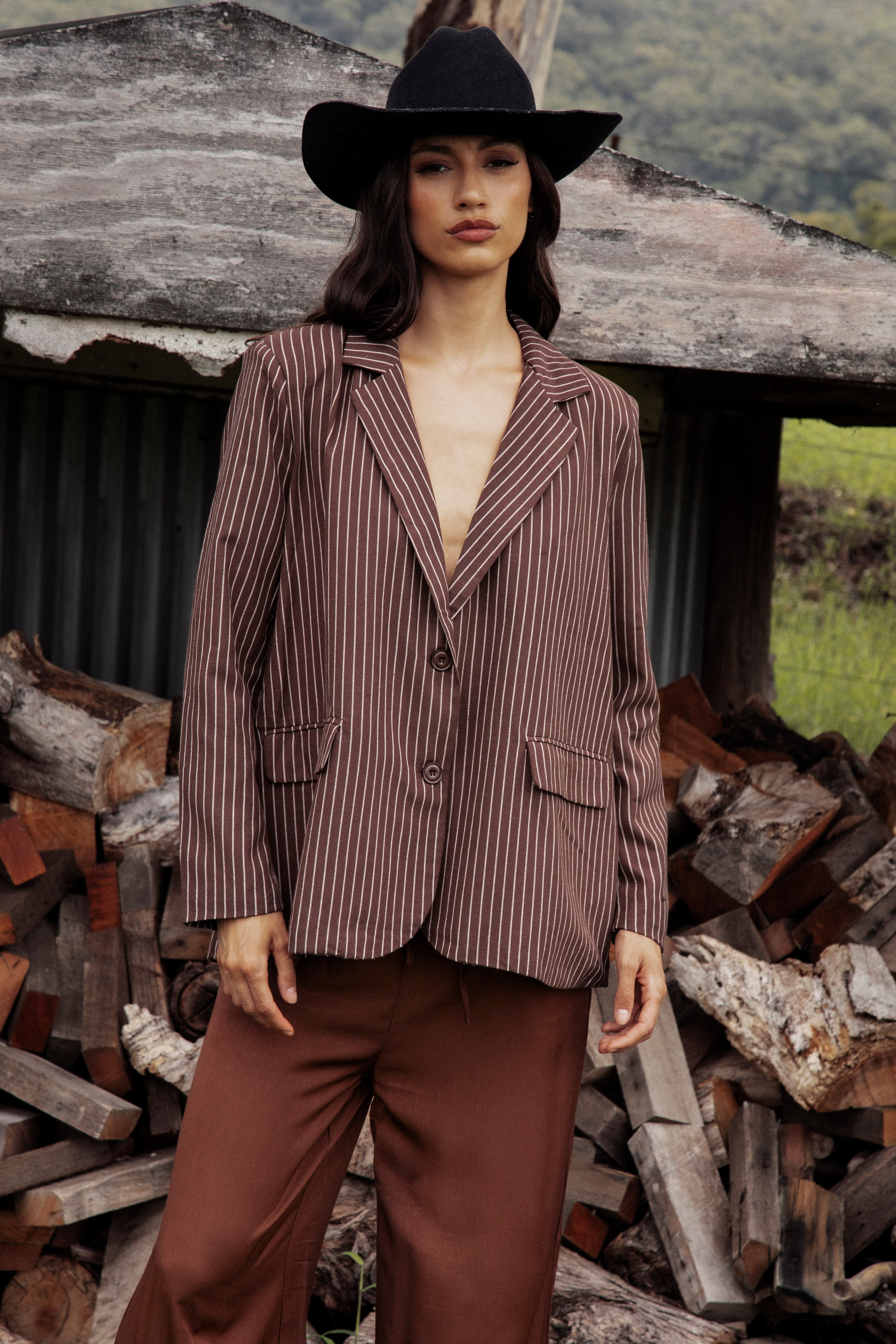 Fearless Pinstripe Blazer features oversized fit, statement pockets and brown colourway.