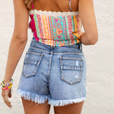 Fergie Denim Shorts Dark Wash - rear view showcasing pocket detail and distressed denim