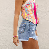 Fergie Denim Shorts Dark Wash - side view showcasing frayed hem