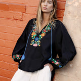 Flower Power Embroidered Long Sleeve Top - Black