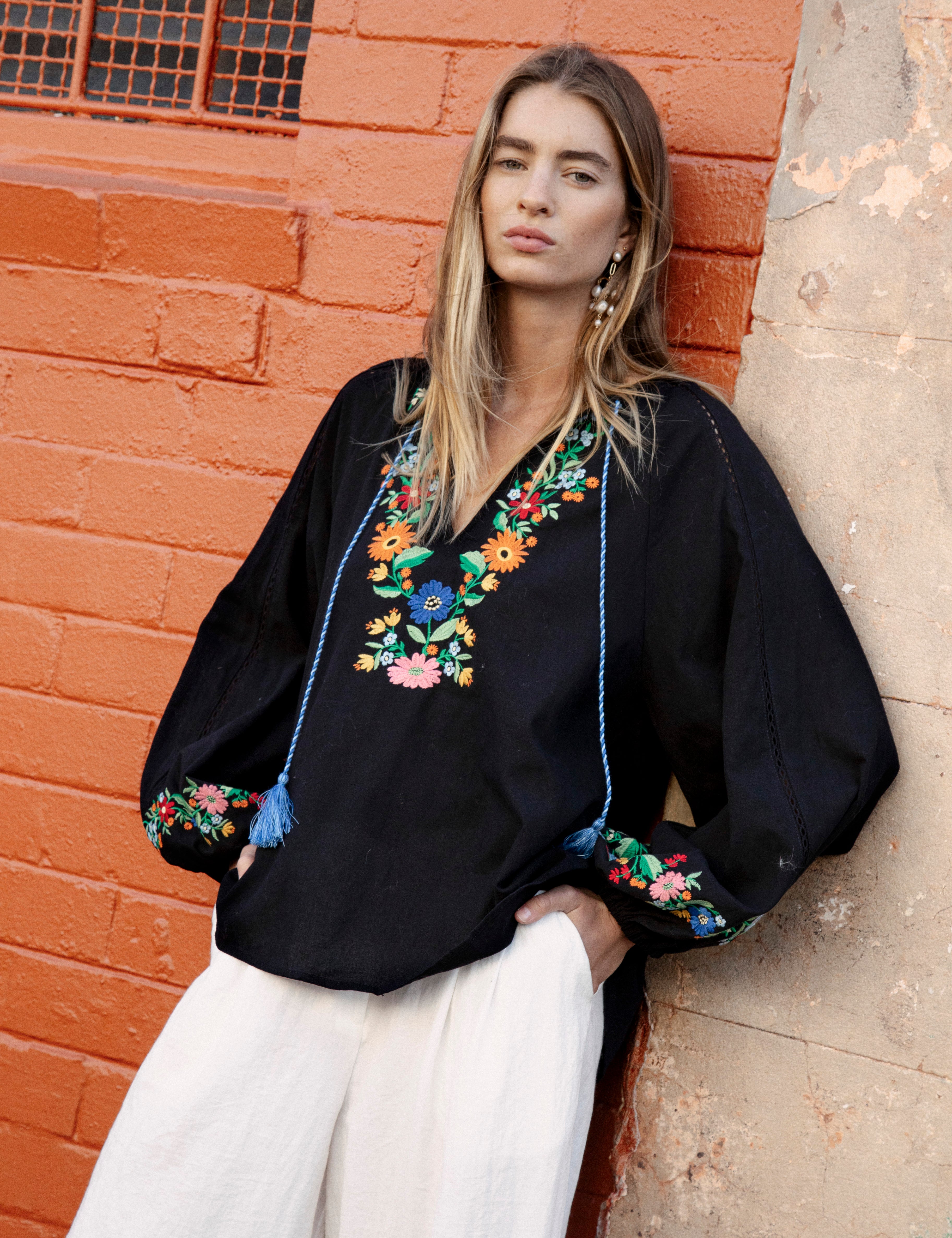Flower Power Embroidered Long Sleeve Top - Black