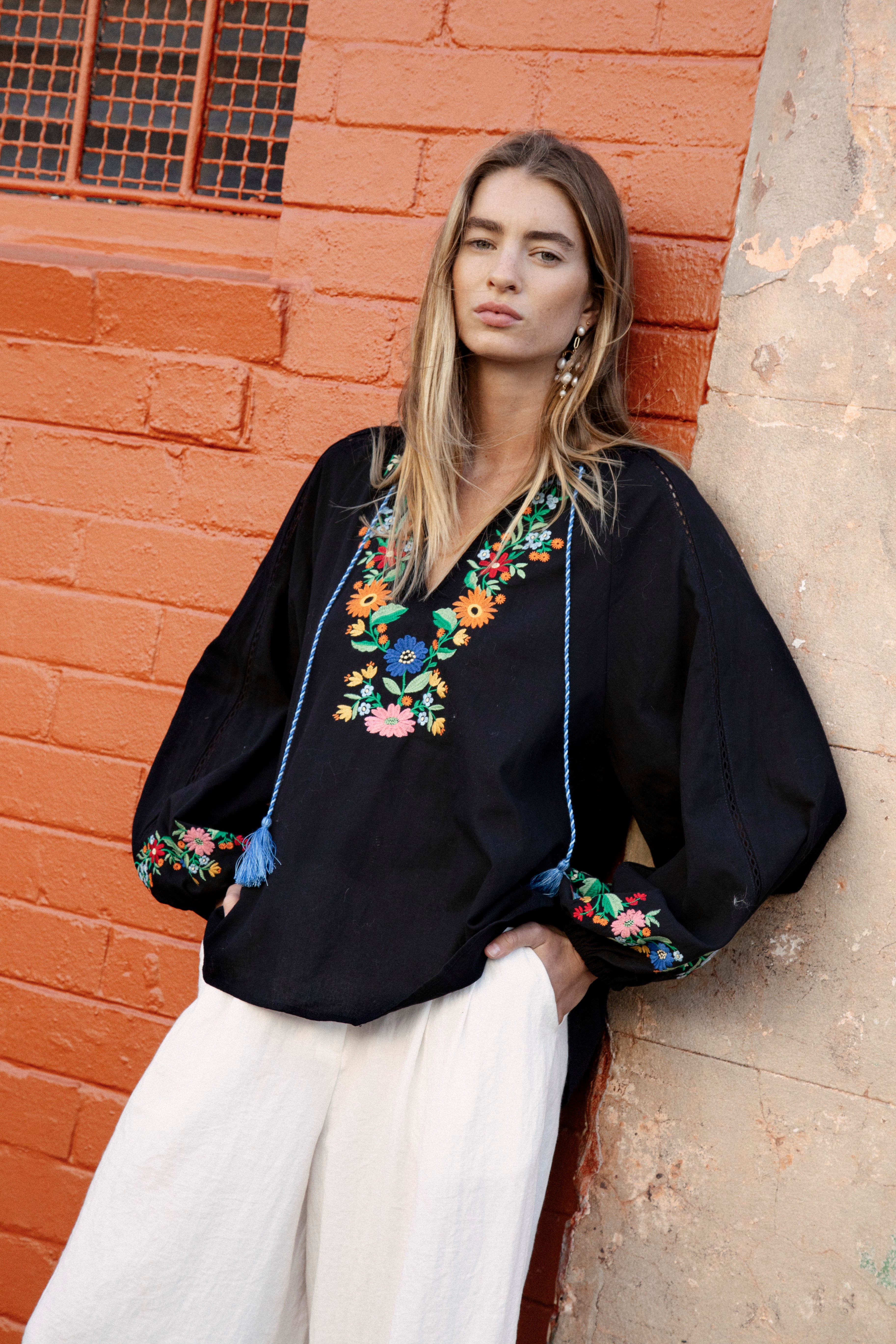 Flower Power Embroidered Long Sleeve Top - Black