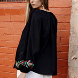 Flower Power Embroidered Long Sleeve Top Black - rear view