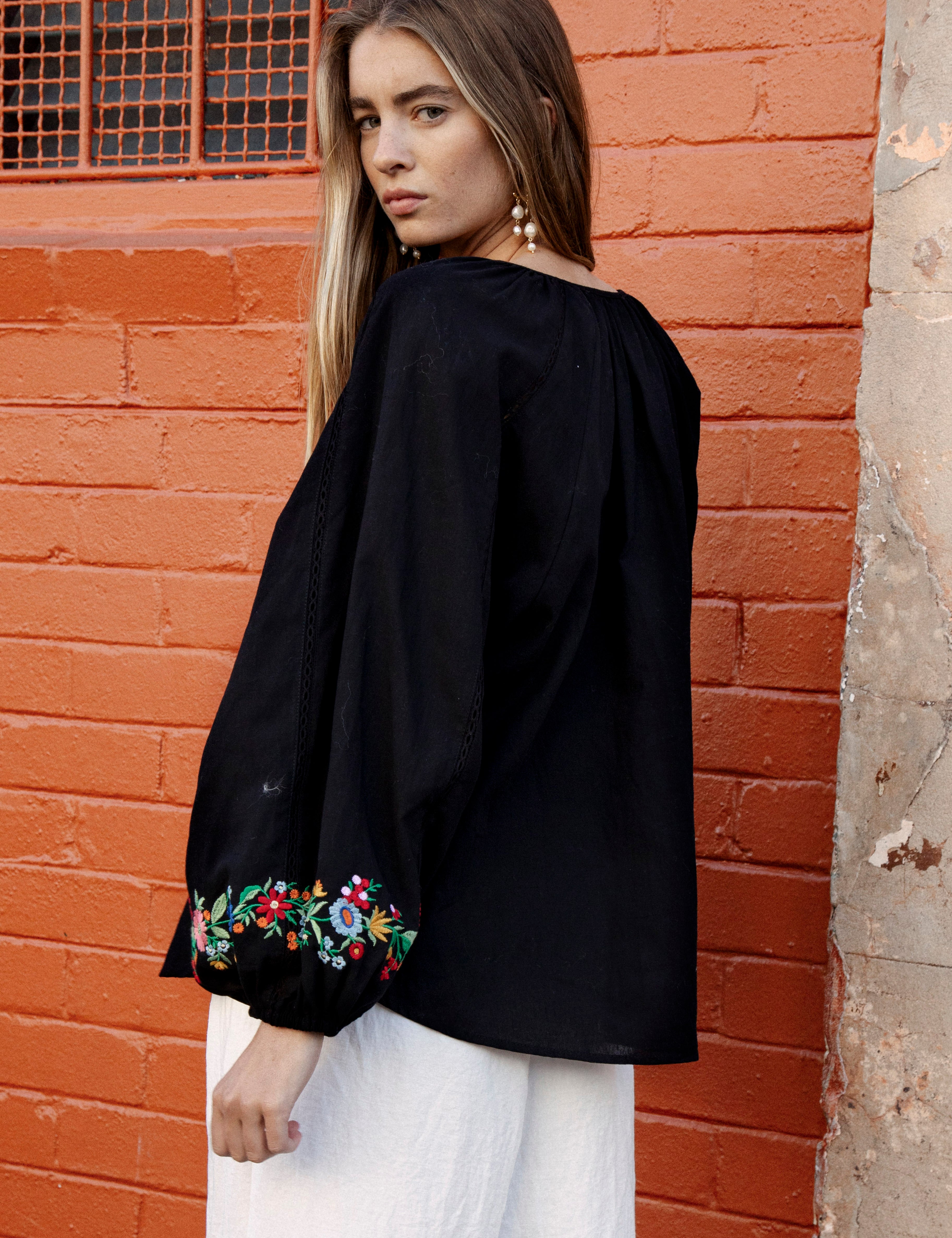 Flower Power Embroidered Long Sleeve Top Black - rear view
