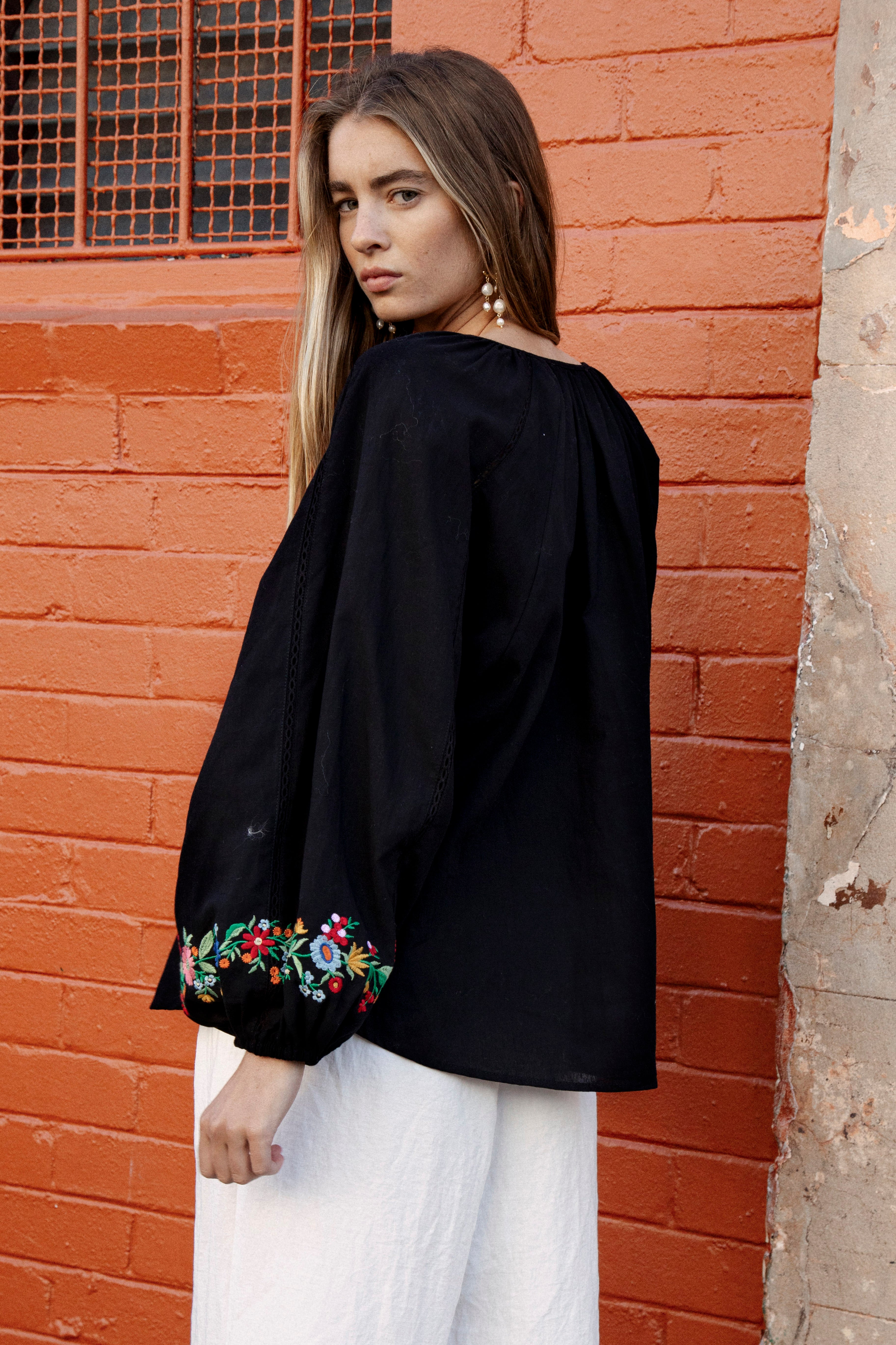 Flower Power Embroidered Long Sleeve Top Black - rear view